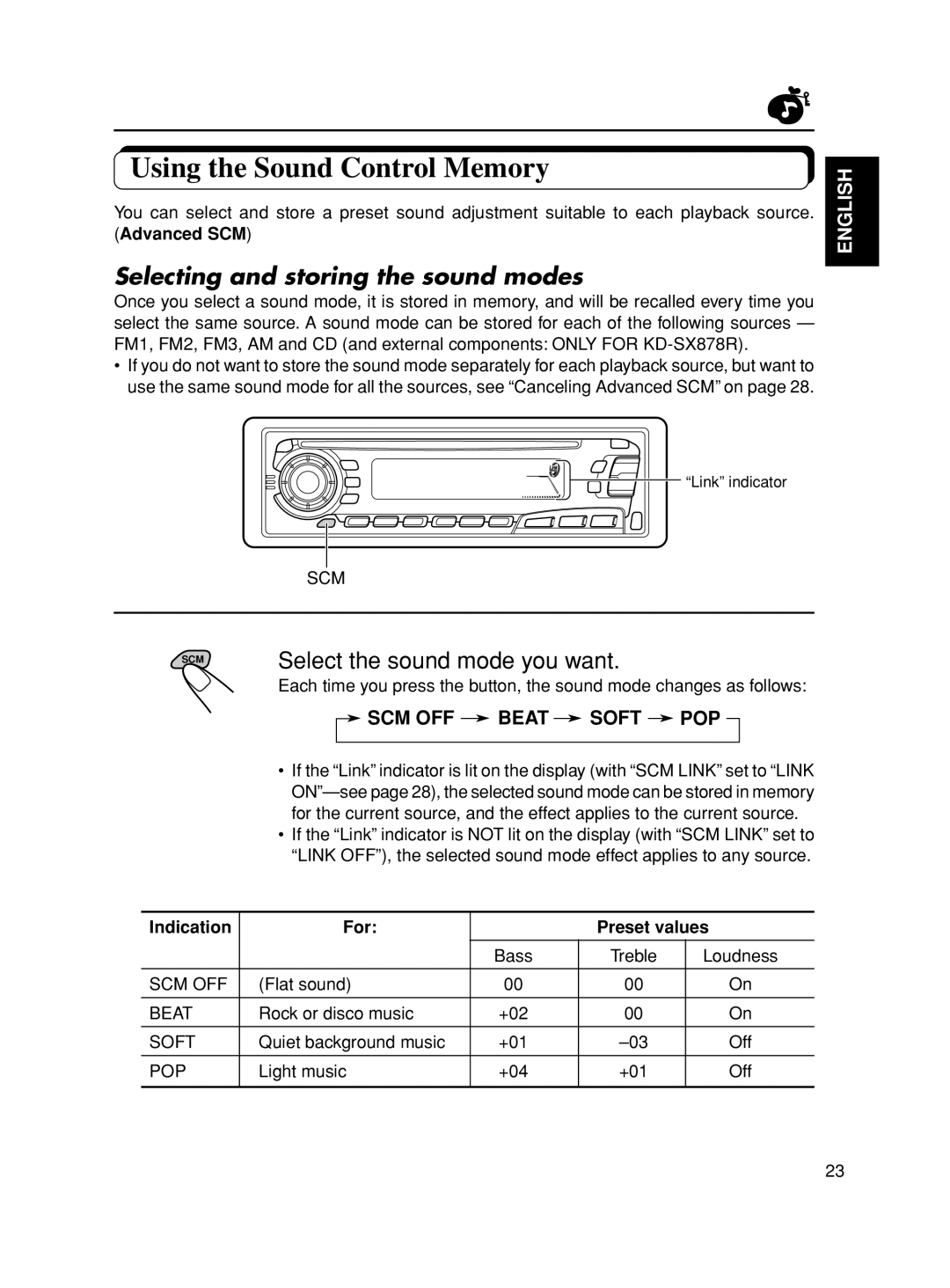 JVC KD-SX878R manual Using the Sound Control Memory, Selecting and storing the sound modes, English, Scm Off Beat Soft Pop 