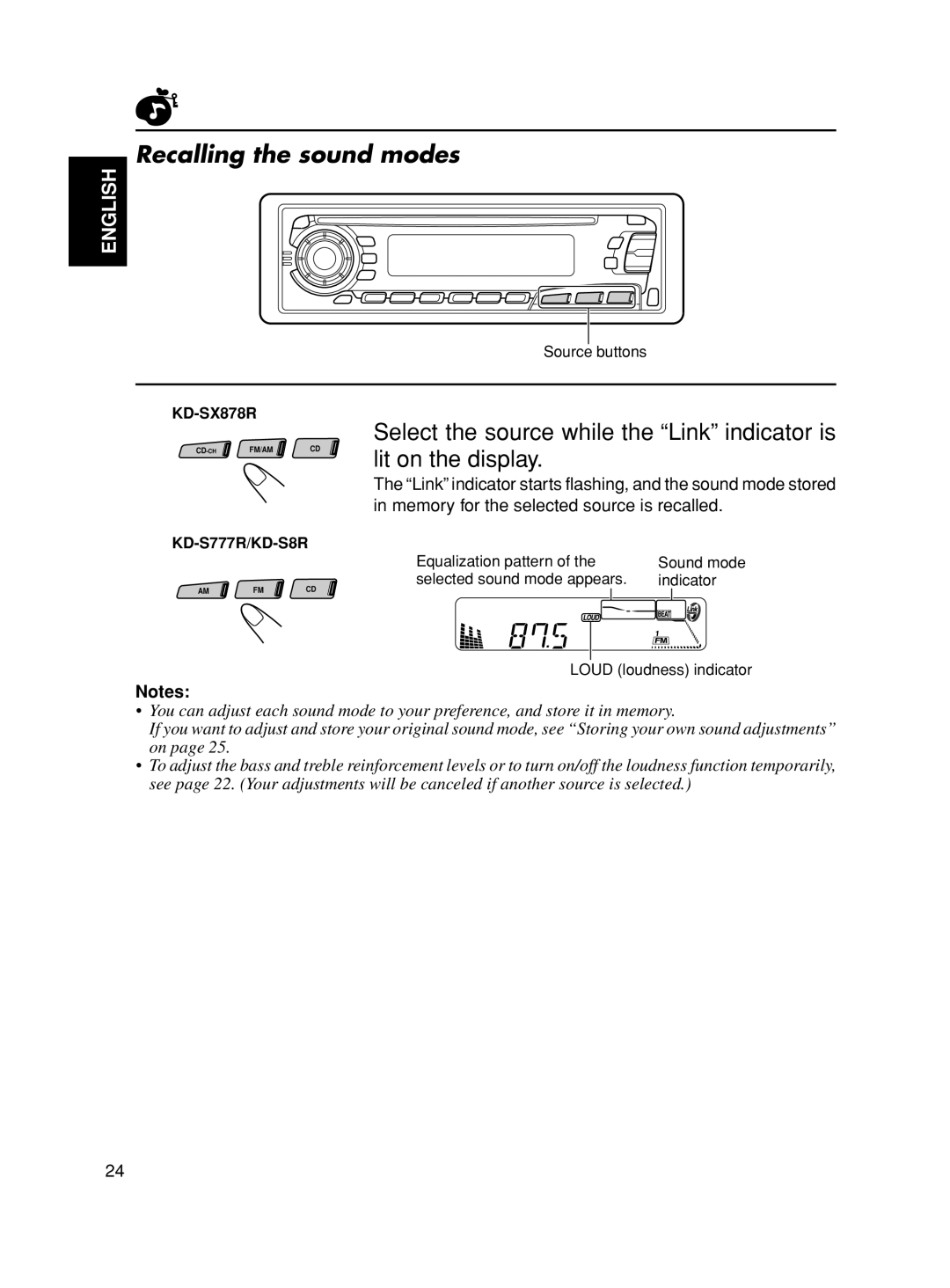 JVC KD-S8R, KD-S777R, KD-SX878R manual Recalling the sound modes, English 
