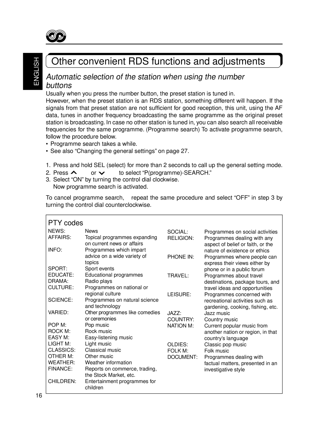 JVC KD-S8R manual Other convenient RDS functions and adjustments, PTY codes 