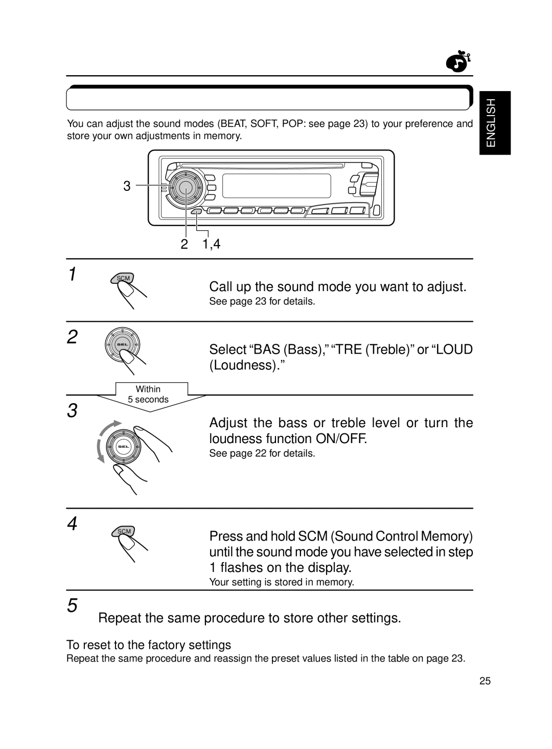 JVC KD-S8R Storing your own sound adjustments, Call up the sound mode you want to adjust, To reset to the factory settings 