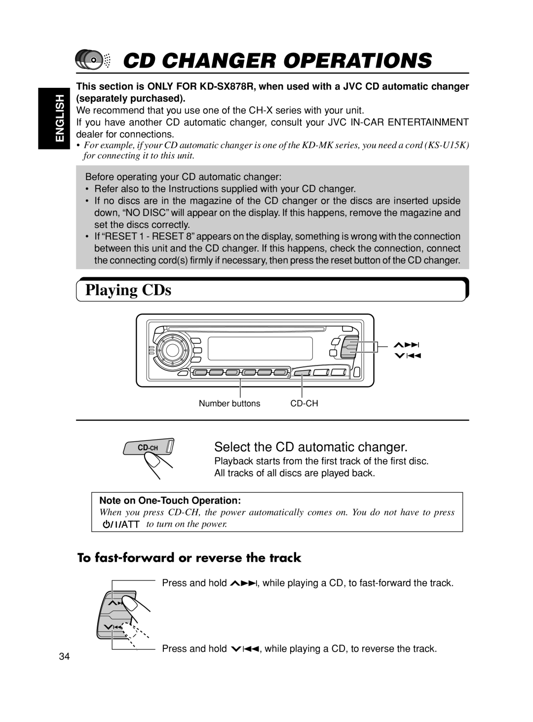 JVC KD-S8R manual CD Changer Operations, Playing CDs, Select the CD automatic changer 