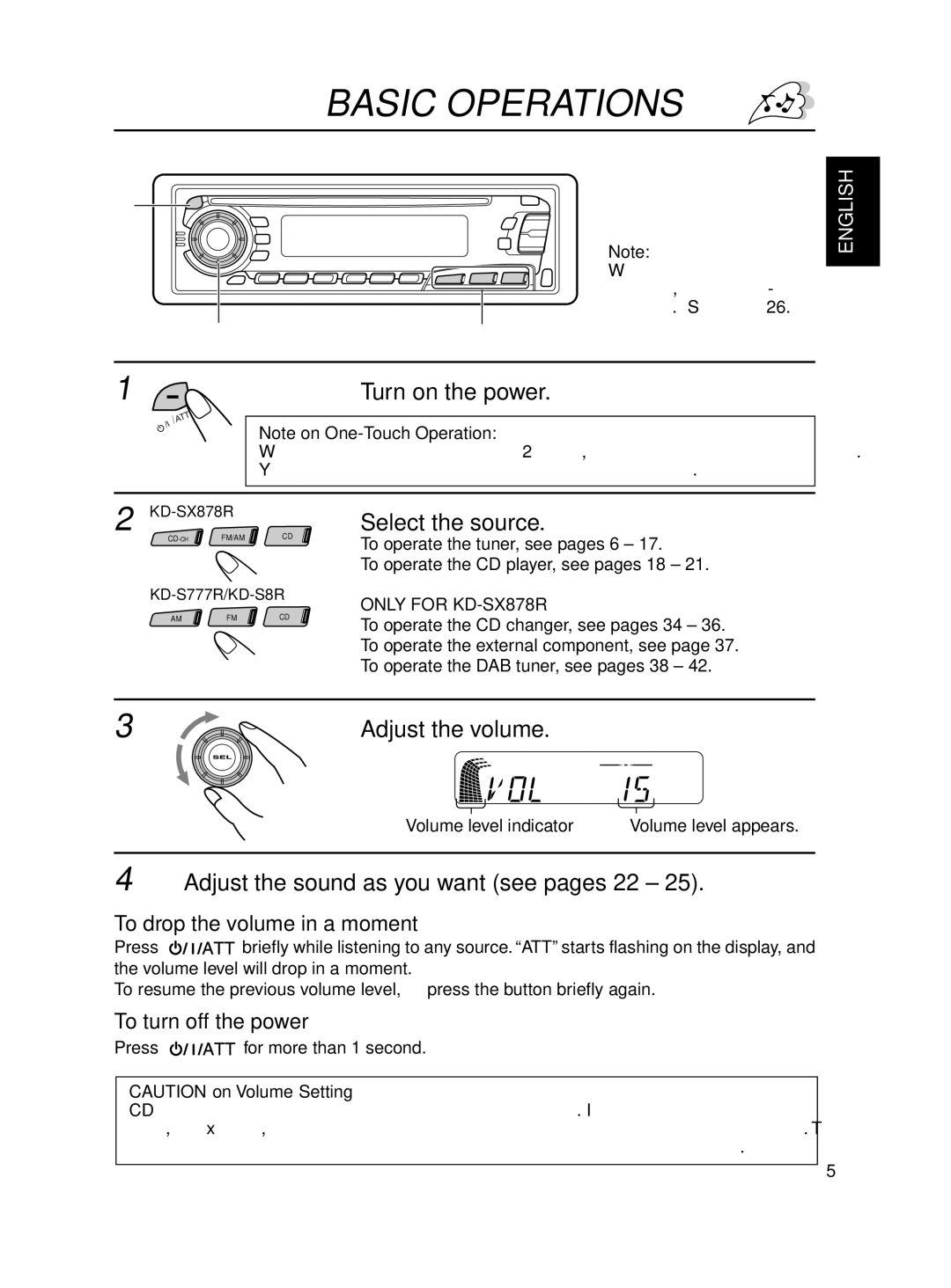 JVC KD-S8R Basic Operations, Adjust the volume, Adjust the sound as you want see pages 22, To drop the volume in a moment 