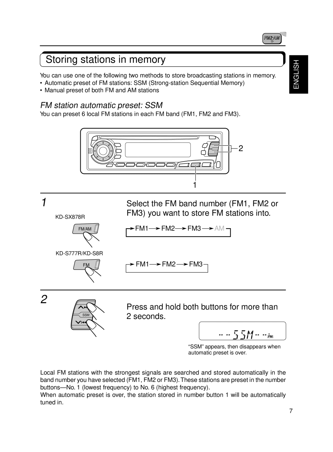 JVC KD-S8R manual Storing stations in memory, FM station automatic preset SSM 