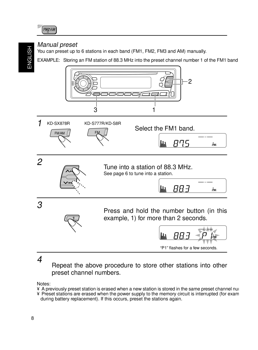 JVC KD-S8R manual Manual preset, Tune into a station of 88.3 MHz 