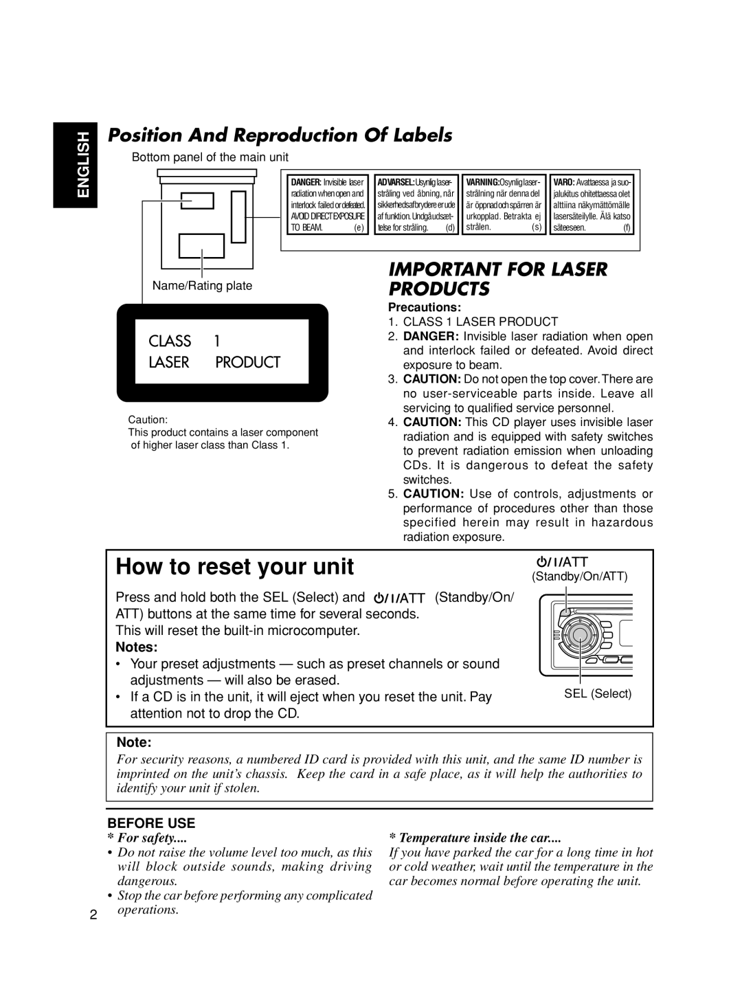 JVC KD-S8R Position And Reproduction Of Labels, Important For Laser Products, How to reset your unit, English, Before Use 