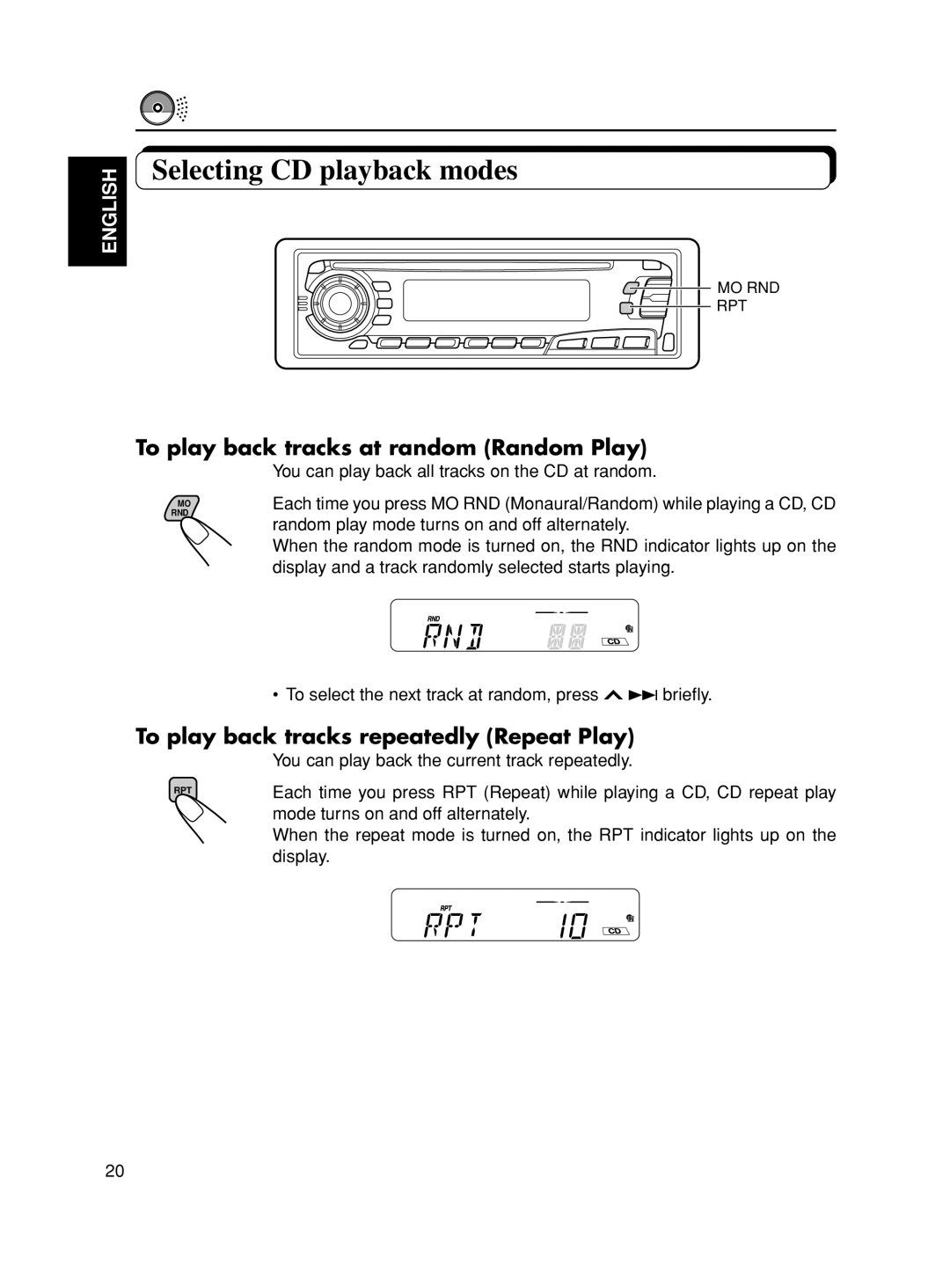 JVC KD-S8R manual Selecting CD playback modes, To play back tracks at random Random Play, English 