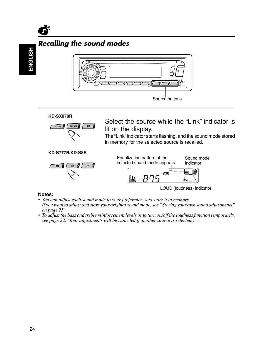 JVC KD-S8R manual Recalling the sound modes, English 