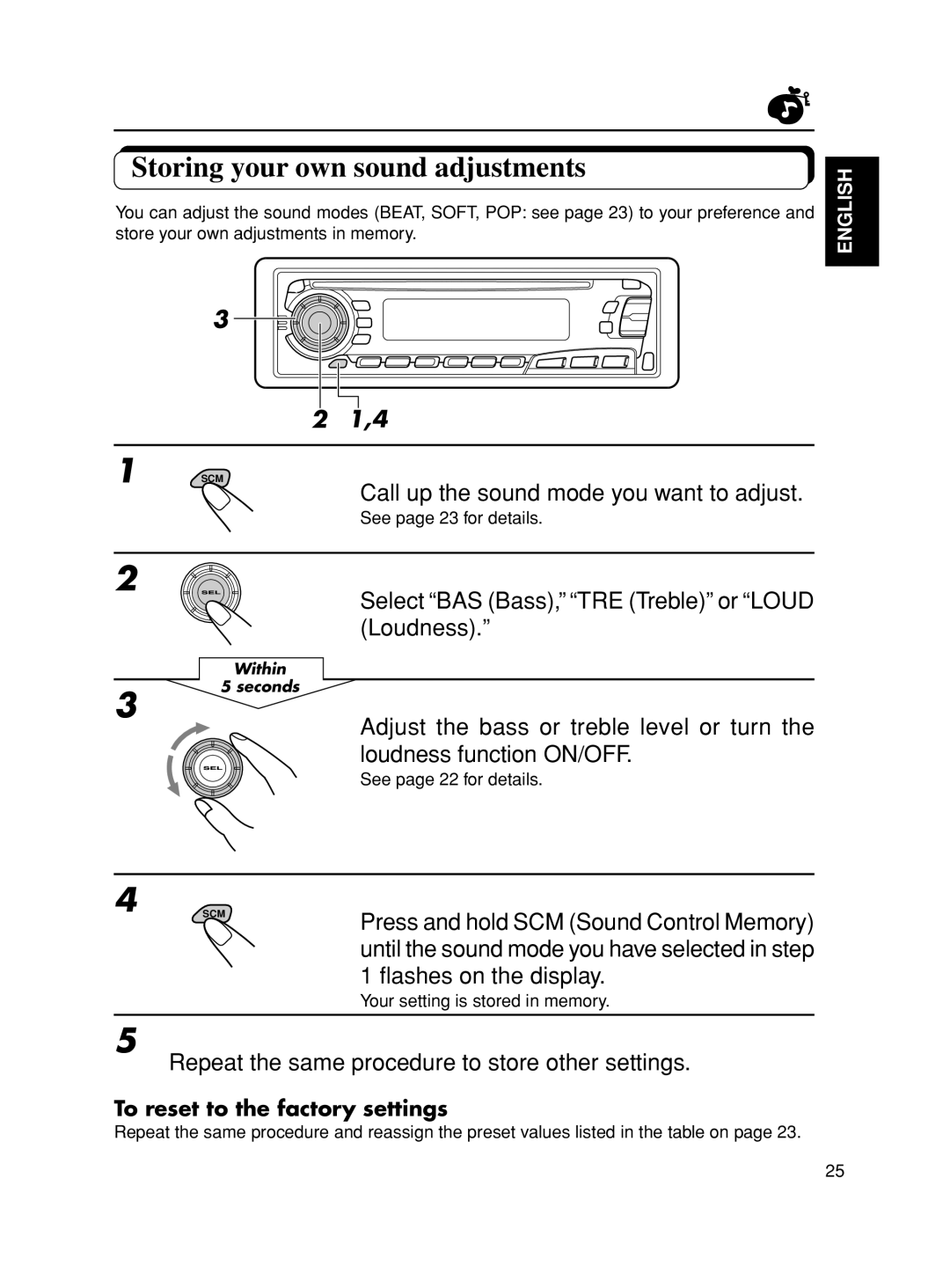 JVC KD-S8R manual Storing your own sound adjustments, 3 2 1,4 