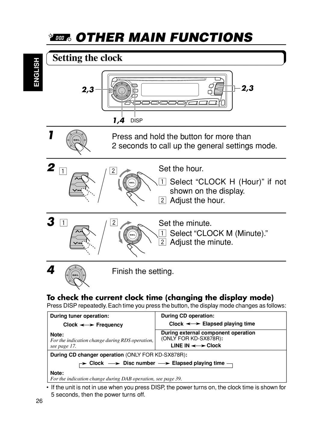 JVC KD-S8R manual Other Main Functions, Setting the clock 