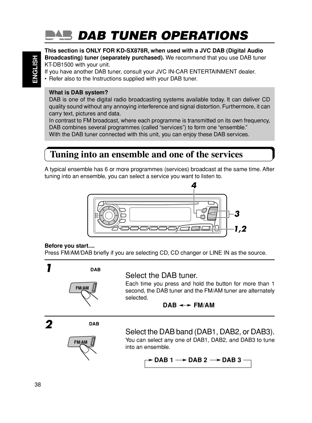 JVC KD-S8R manual Dab Tuner Operations, Tuning into an ensemble and one of the services, 3 1,2, English, Dab Fm/Am 