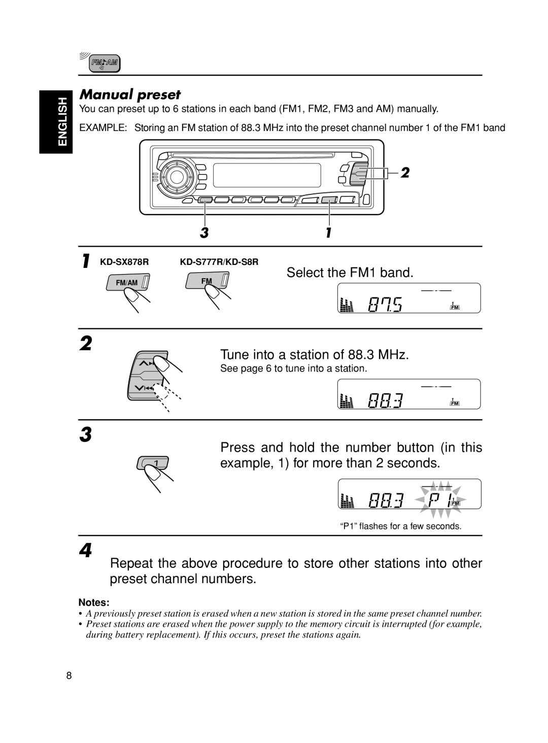 JVC KD-S8R manual Manual preset, Select the FM1 band 