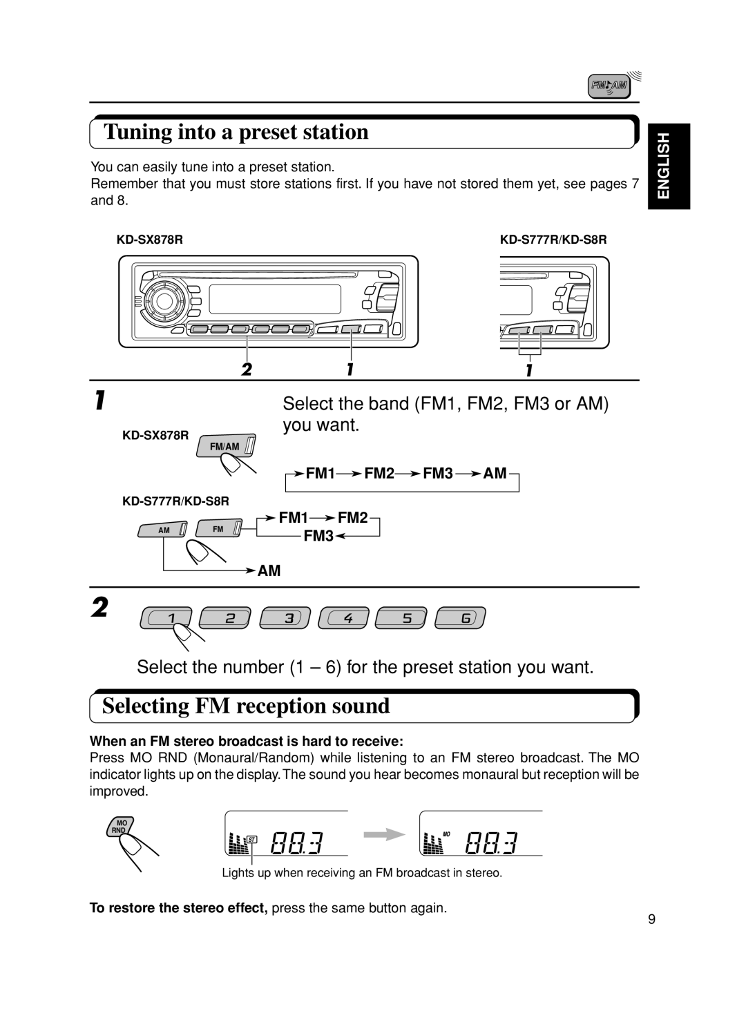 JVC KD-S8R manual Tuning into a preset station, Selecting FM reception sound, English, FM1FM2FM3 AM FM1FM2 FM3 