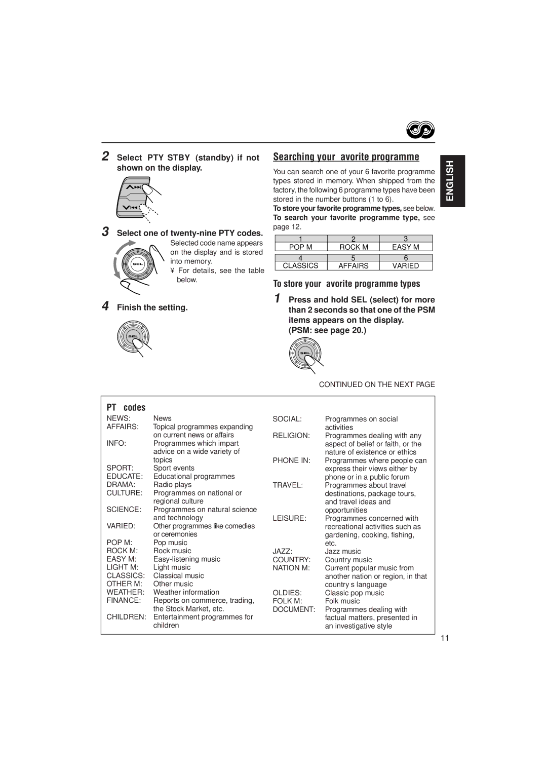 JVC KD-S9R manual Searching your favorite programme, To store your favorite programme types, PTY codes, Finish the setting 