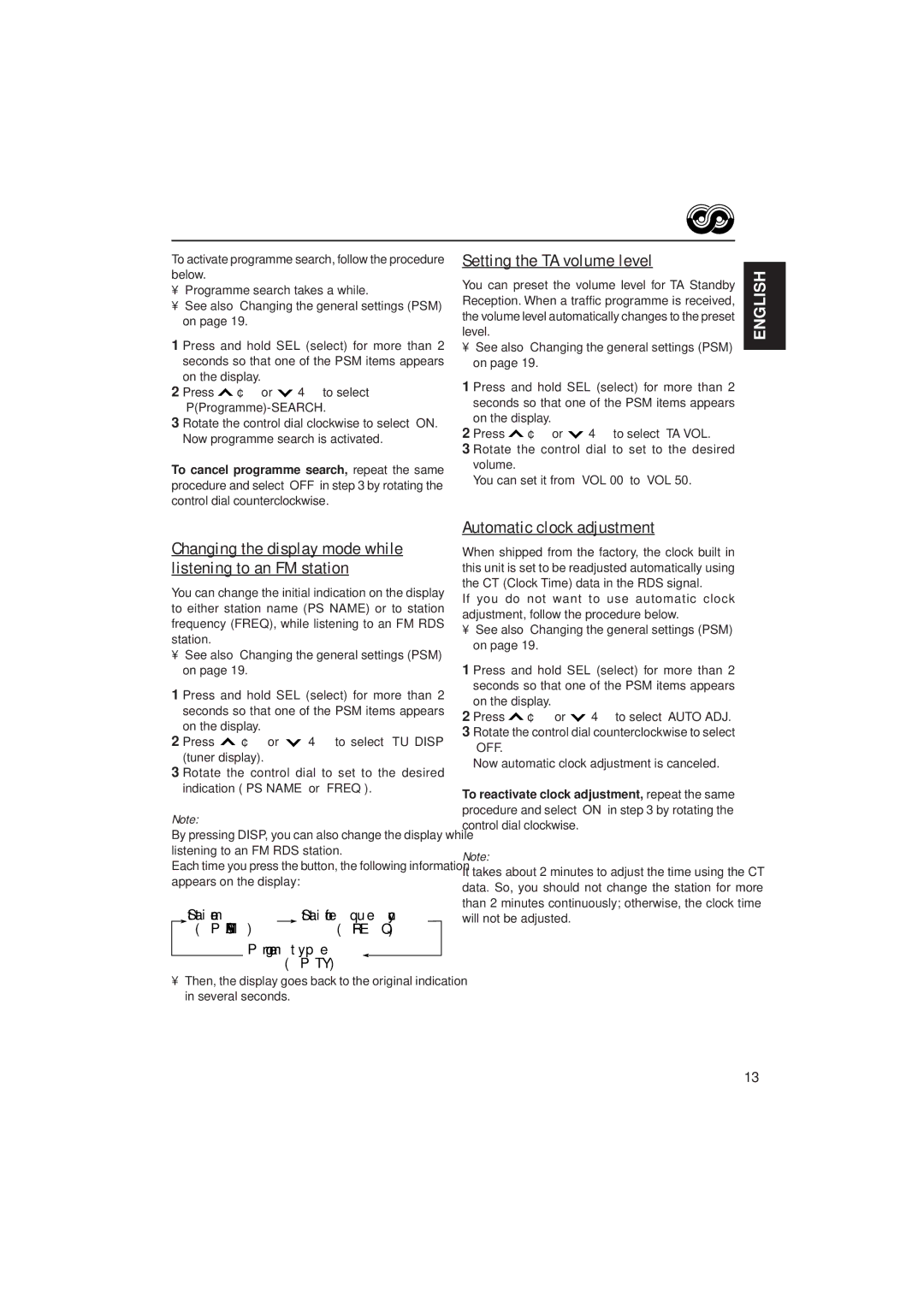 JVC KD-S9R manual Setting the TA volume level, Automatic clock adjustment, Station name Station frequency, Programme type 