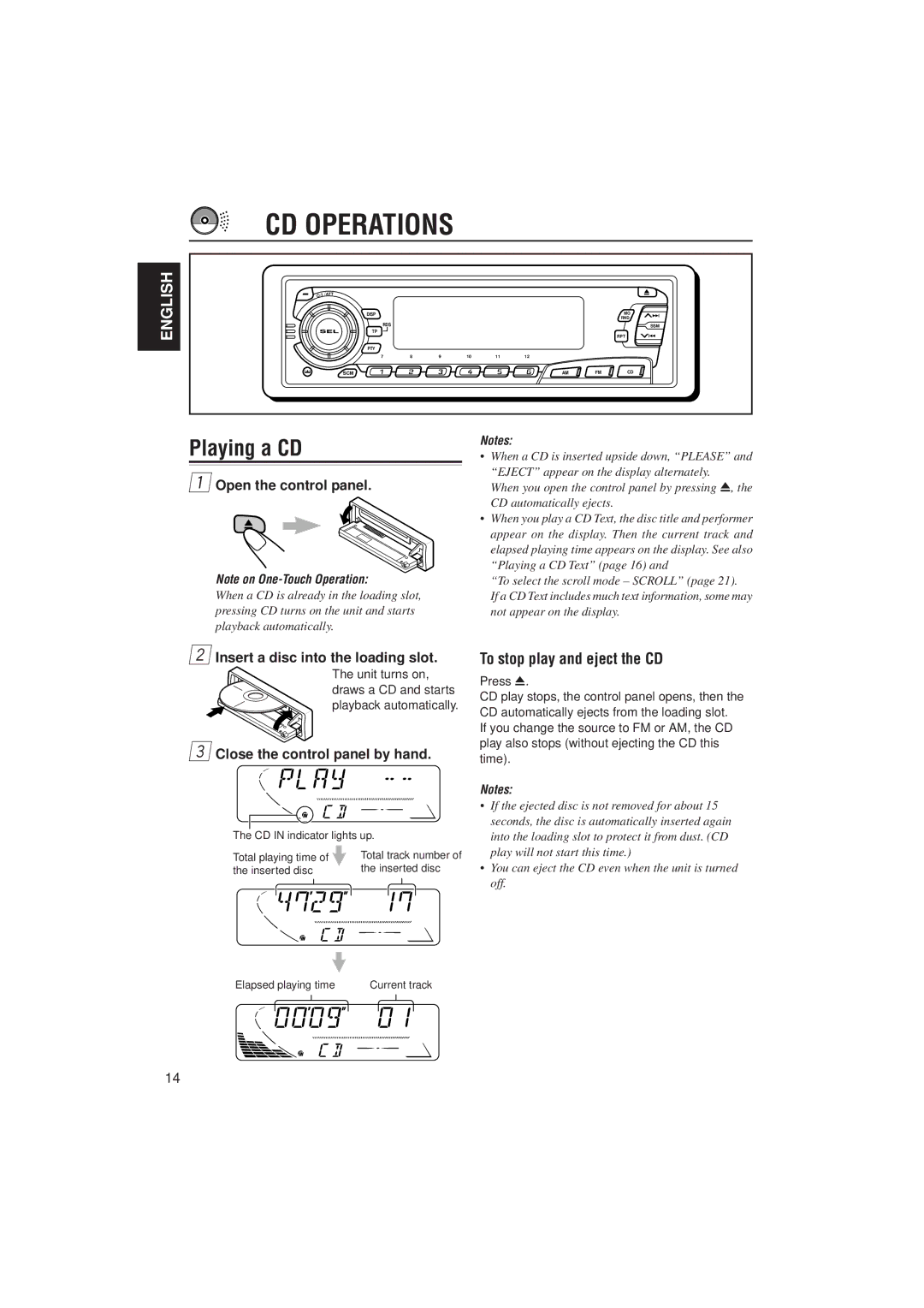 JVC KD-S9R manual CD Operations, Playing a CD, To stop play and eject the CD 