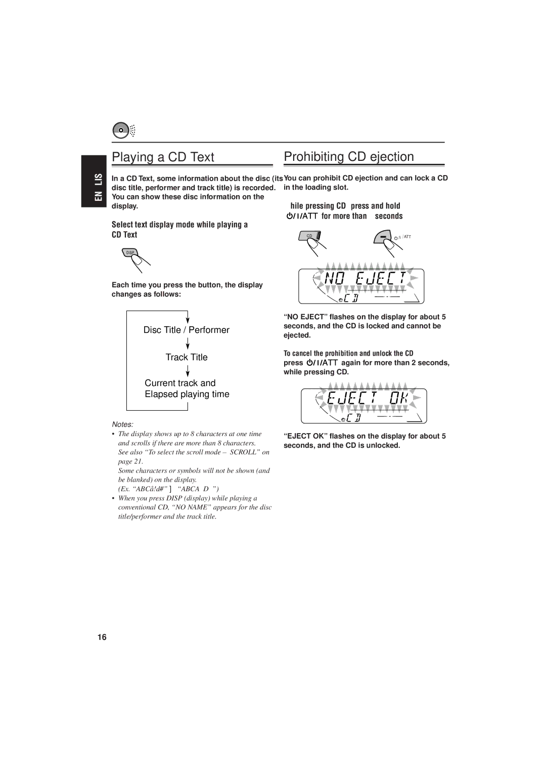 JVC KD-S9R manual Playing a CD Text, Disc Title / Performer, Track Title, Current track, Elapsed playing time 