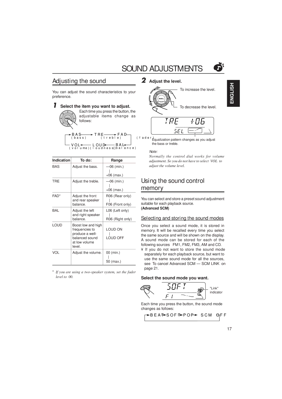 JVC KD-S9R Sound Adjustments, Adjusting the sound, Using the sound control memory, Selecting and storing the sound modes 