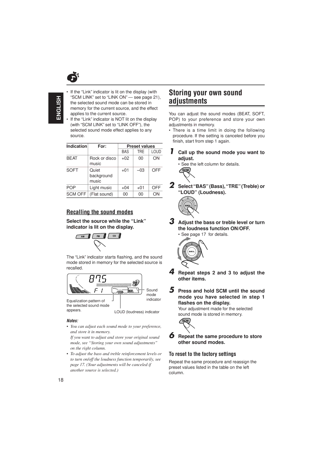 JVC KD-S9R manual Storing your own sound adjustments, Recalling the sound modes, To reset to the factory settings 