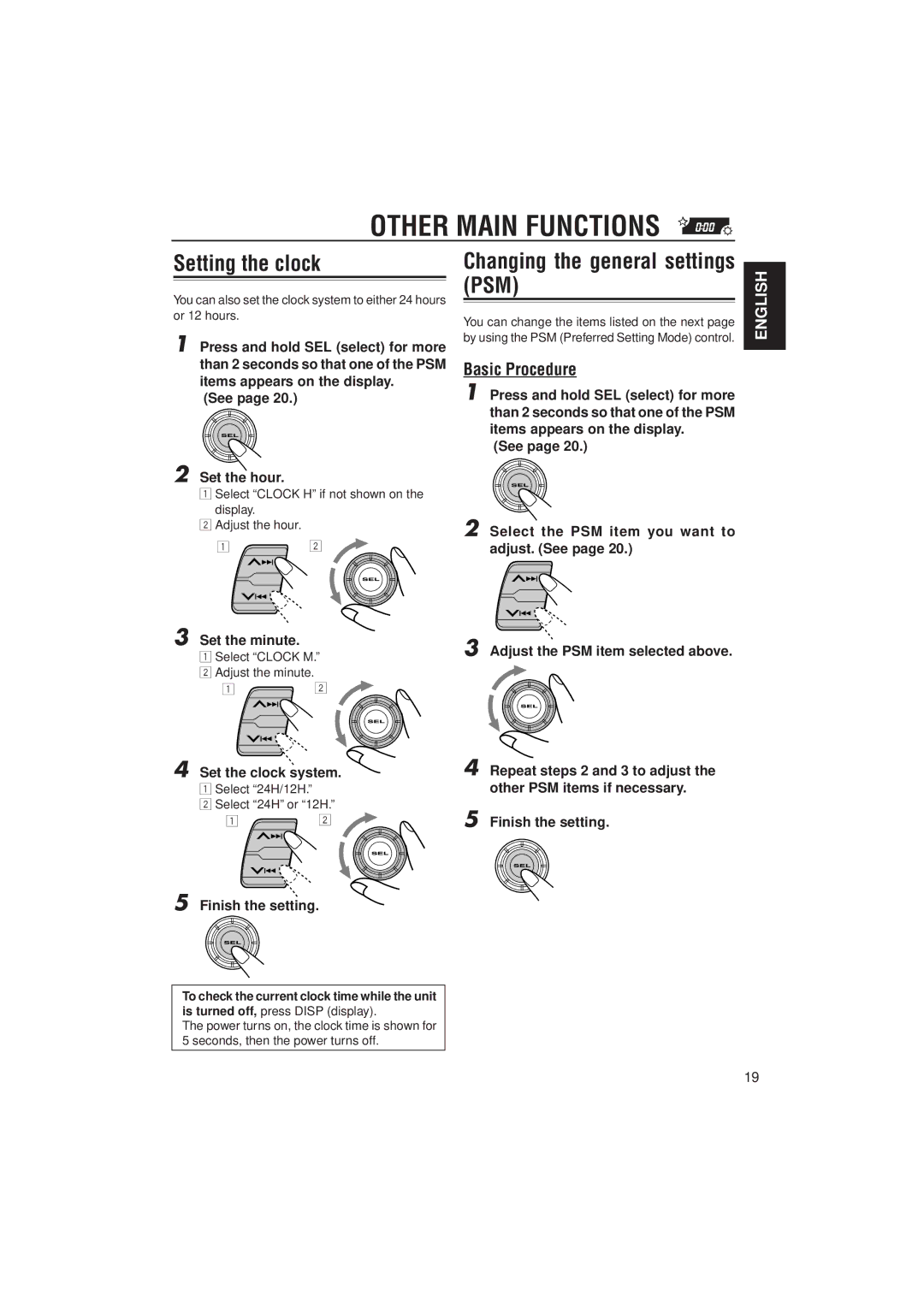 JVC KD-S9R manual Other Main Functions, Setting the clock, Changing the general settings PSM, Basic Procedure 