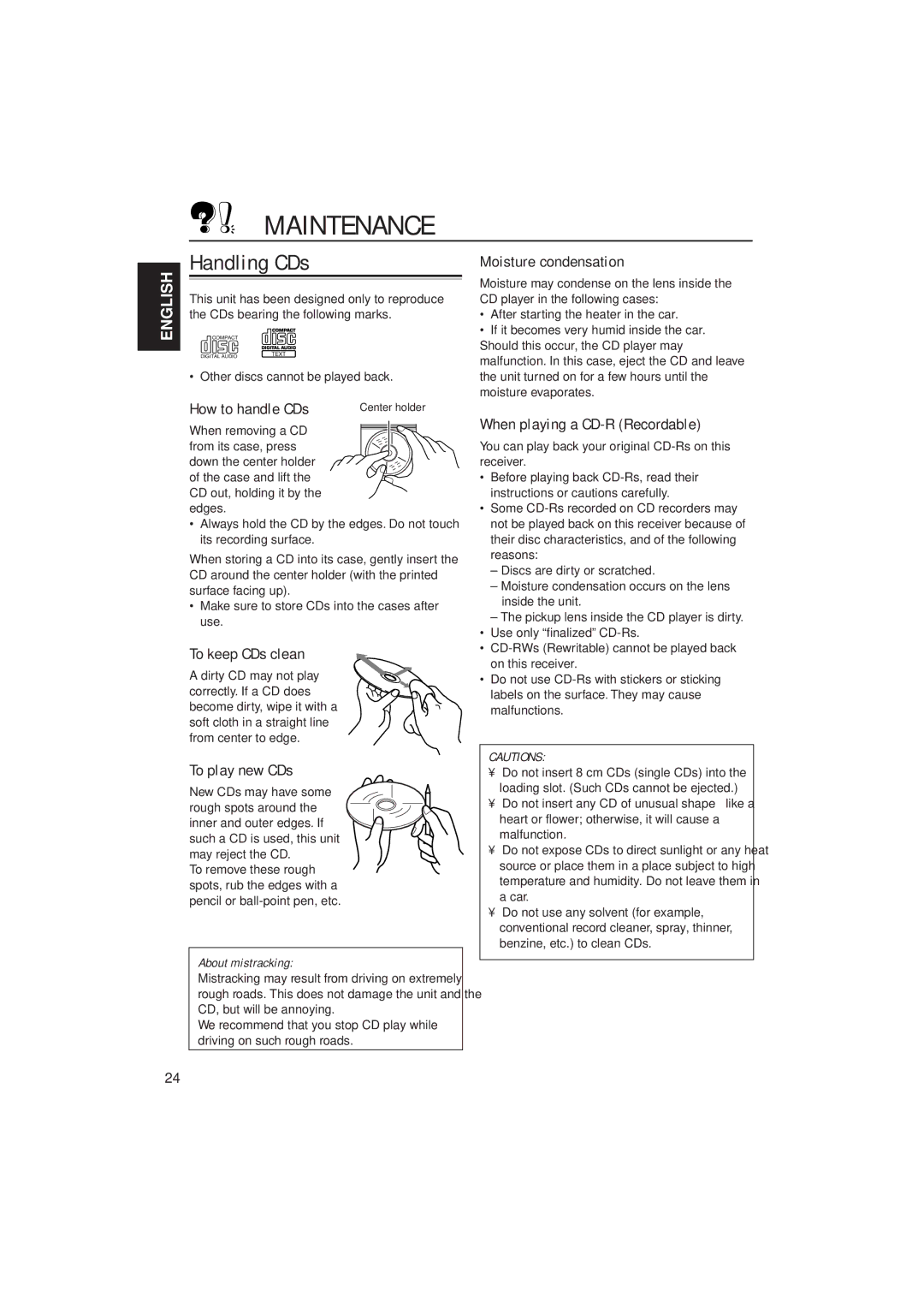 JVC KD-S9R manual Maintenance, Handling CDs 