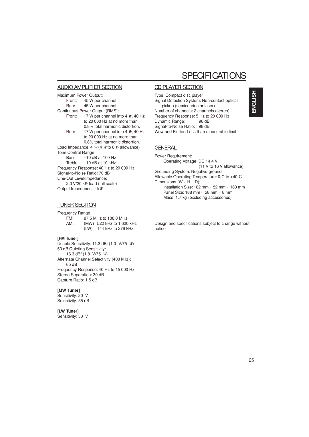 JVC KD-S9R manual Specifications, FM Tuner, MW Tuner, LW Tuner 