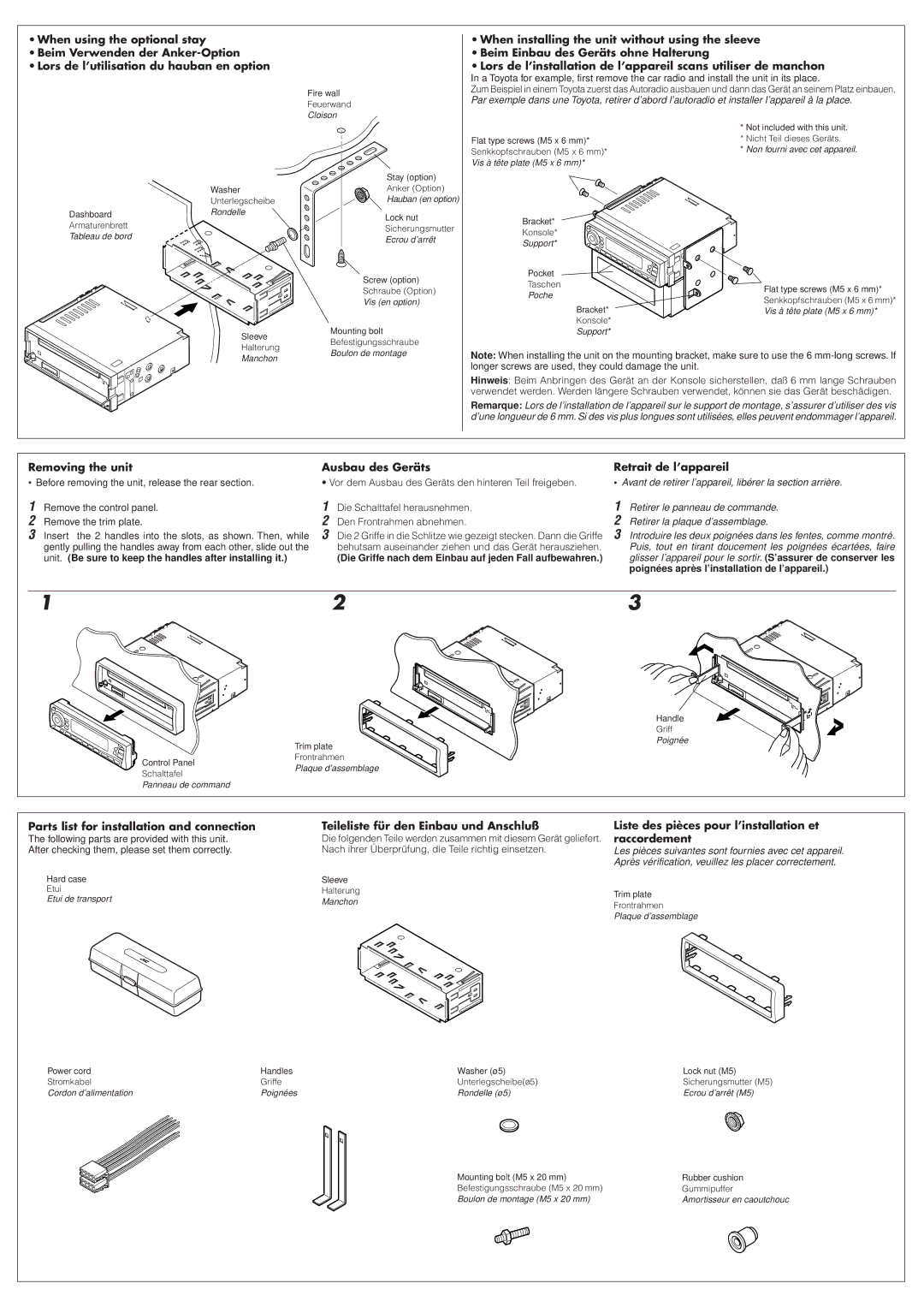 JVC KD-S9R manual Poignées après l’installation de l’appareil, Vis en option 