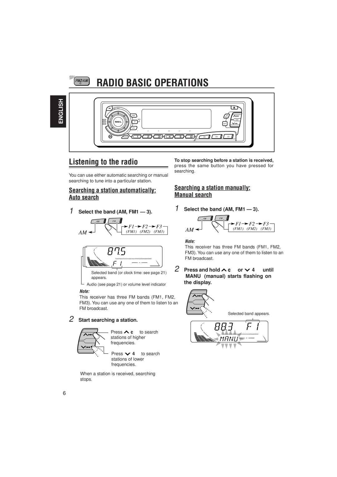 JVC KD-S9R manual Radio Basic Operations, Listening to the radio, Searching a station automatically Auto search 