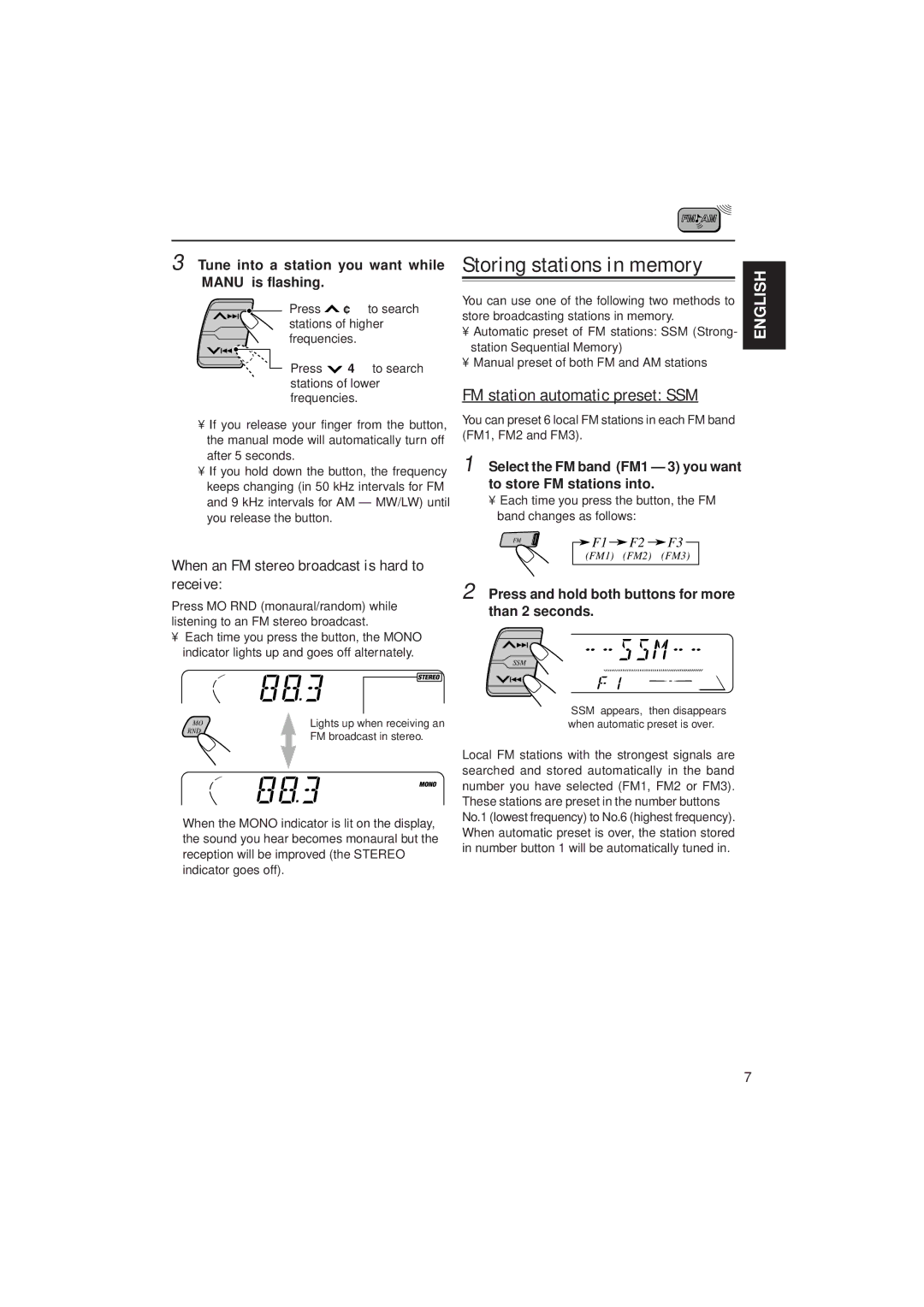 JVC KD-S9R manual FM station automatic preset SSM, When an FM stereo broadcast is hard to receive 