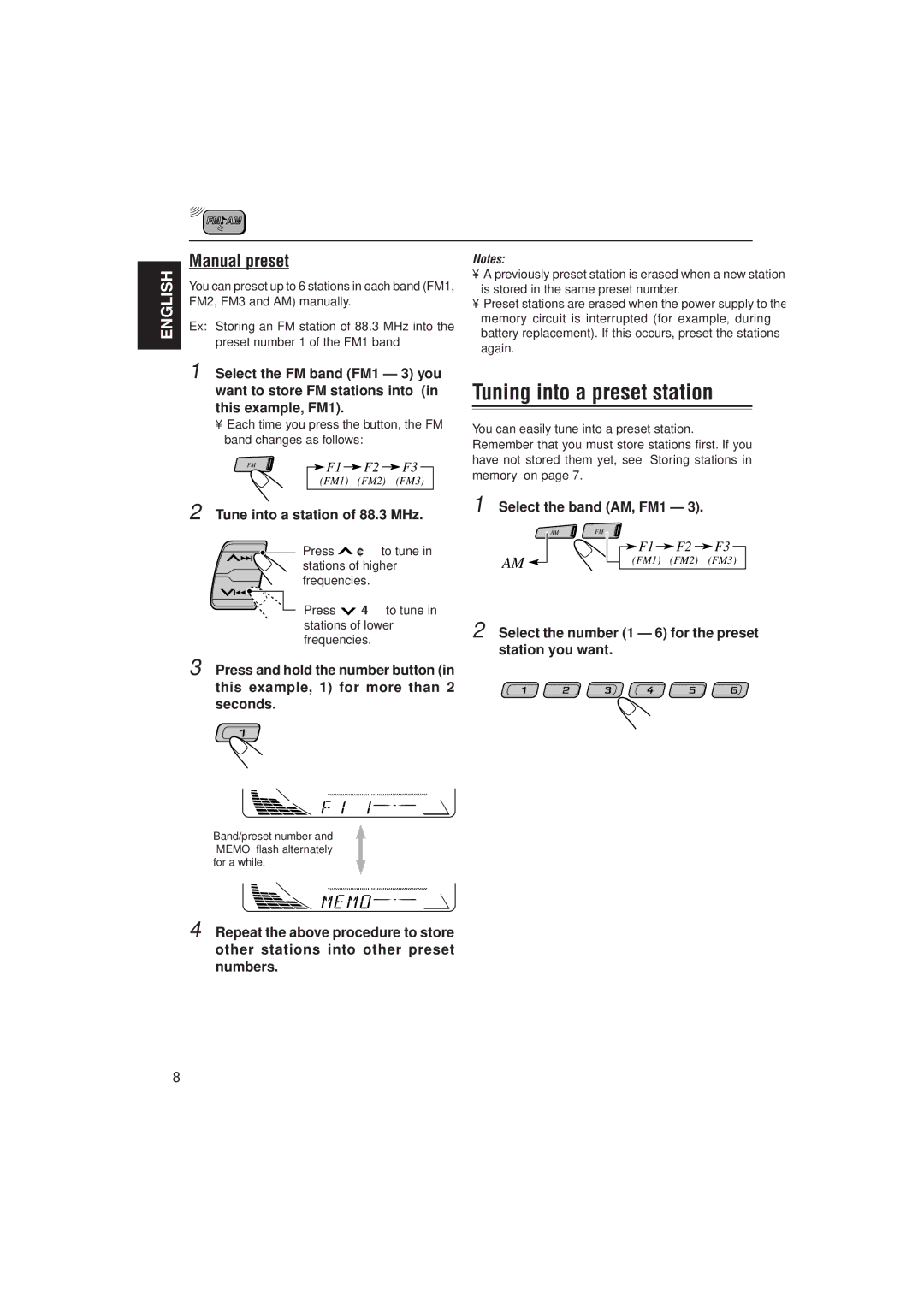 JVC KD-S9R manual Tuning into a preset station, Manual preset, Tune into a station of 88.3 MHz 