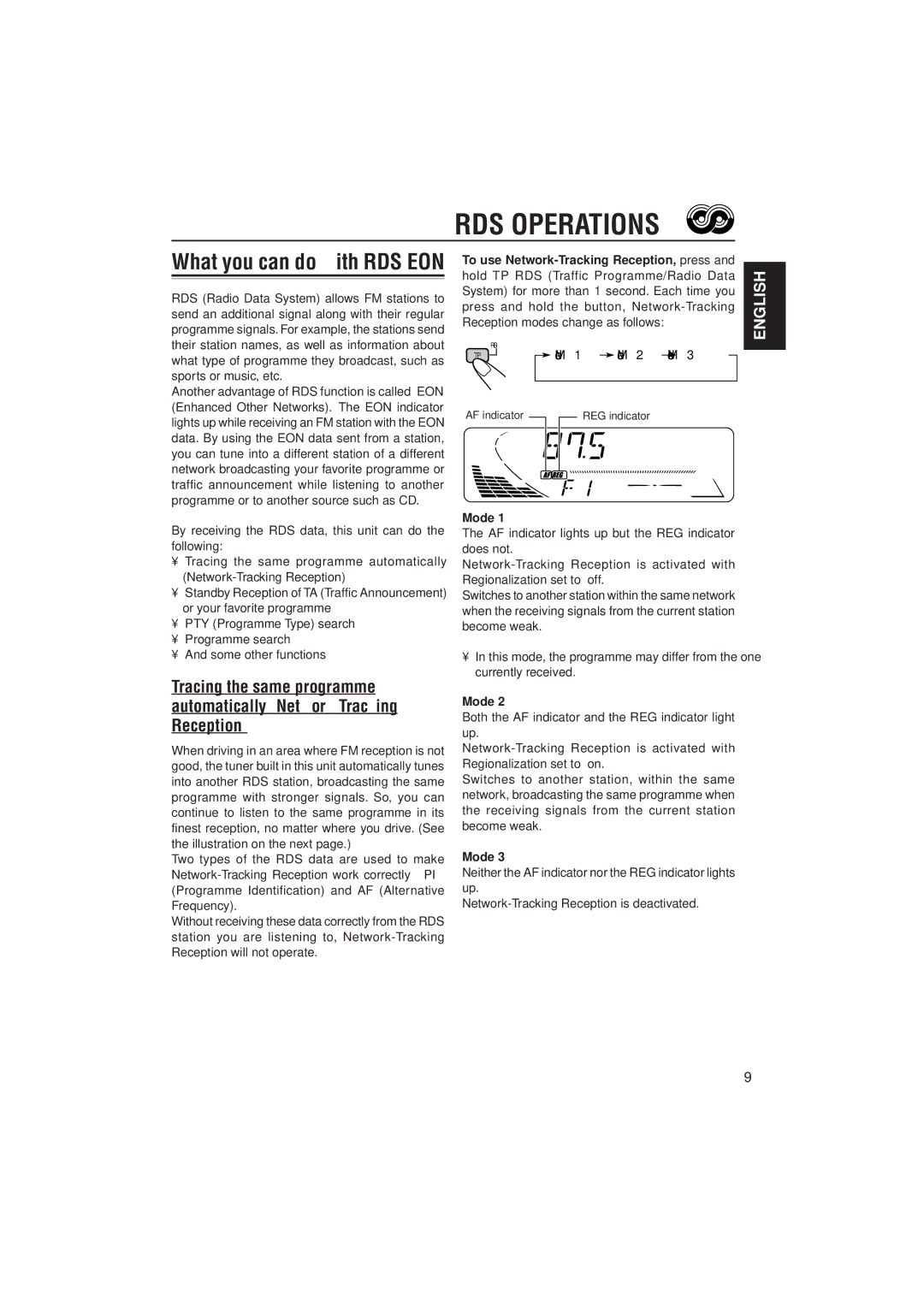 JVC KD-S9R manual RDS Operations, Mode 1 Mode 2 Mode 