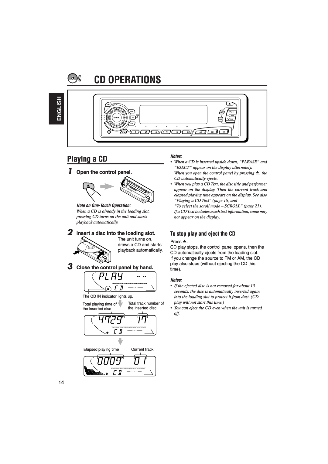 JVC KD-S9R manual Cd Operations, Playing a CD, To stop play and eject the CD, English, Note on One-TouchOperation, Notes 