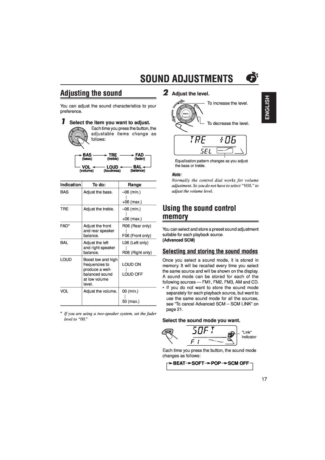 JVC KD-S9R Sound Adjustments, Adjusting the sound, Using the sound control memory, Selecting and storing the sound modes 