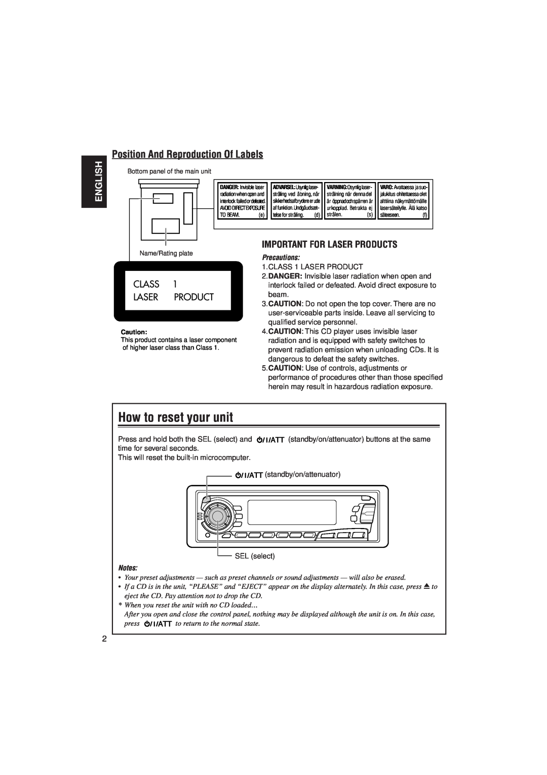 JVC KD-S9R How to reset your unit, Position And Reproduction Of Labels, English, Important For Laser Products, Precautions 
