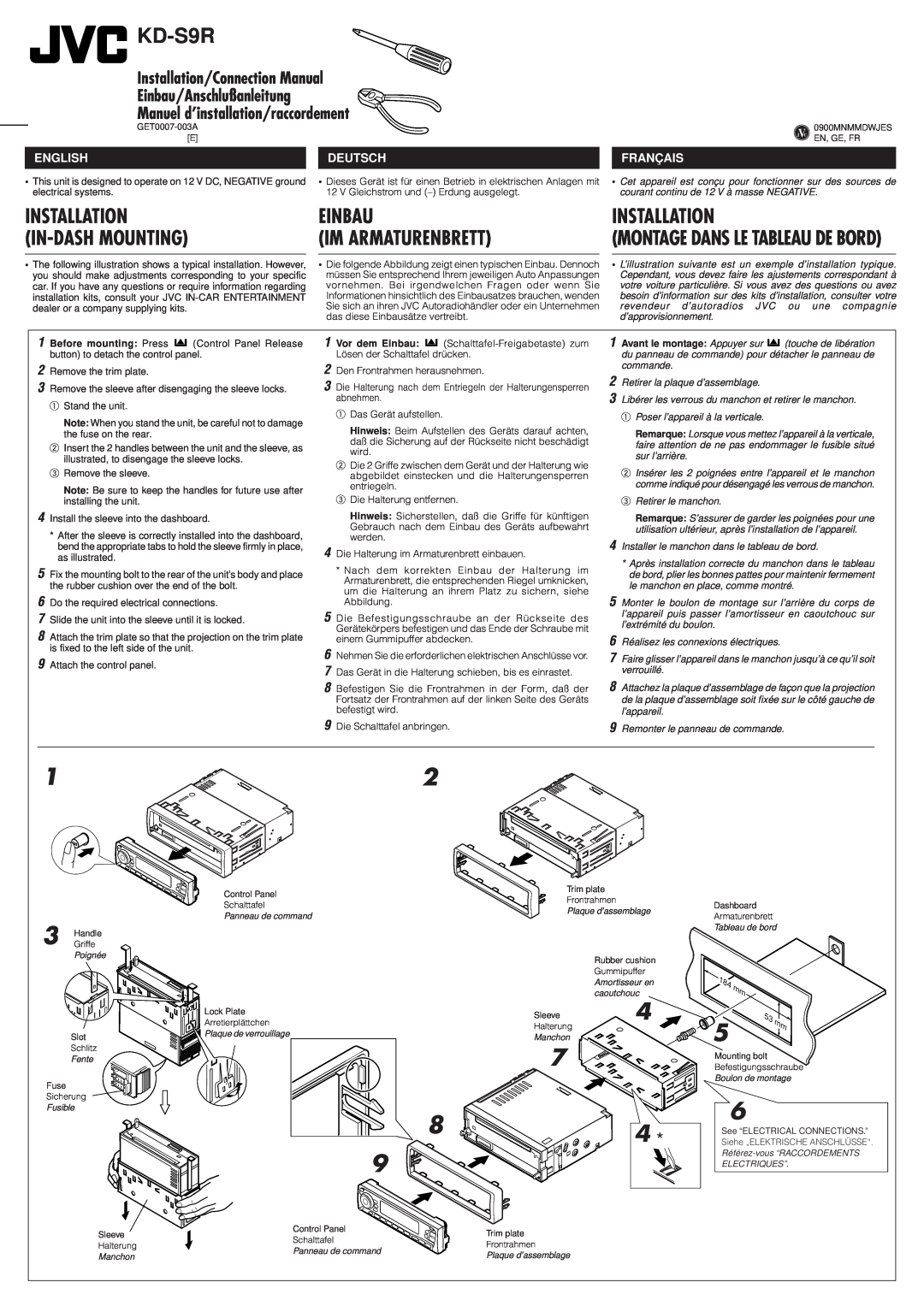 JVC KD-S9R manual Einbau Im Armaturenbrett, English, Deutsch, Français, Installation/Connection Manual 
