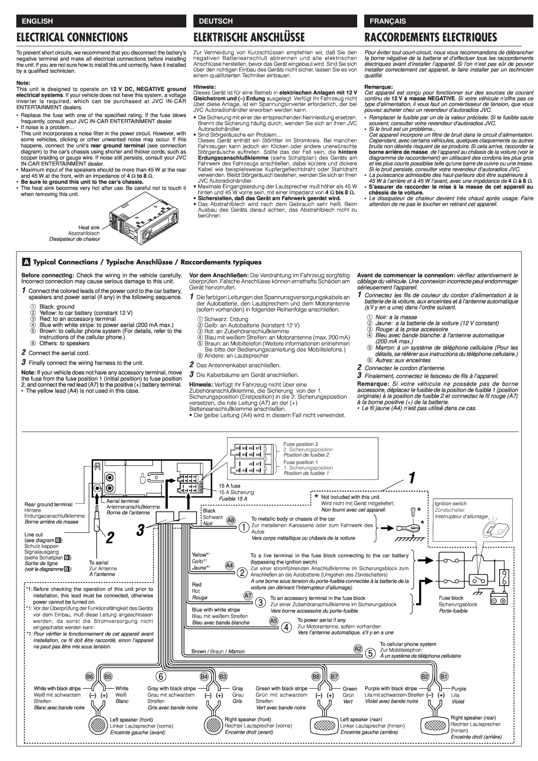 JVC KD-S9R manual Electrical Connections, Elektrische Anschlüsse, Raccordements Electriques, English, Deutsch, Français 