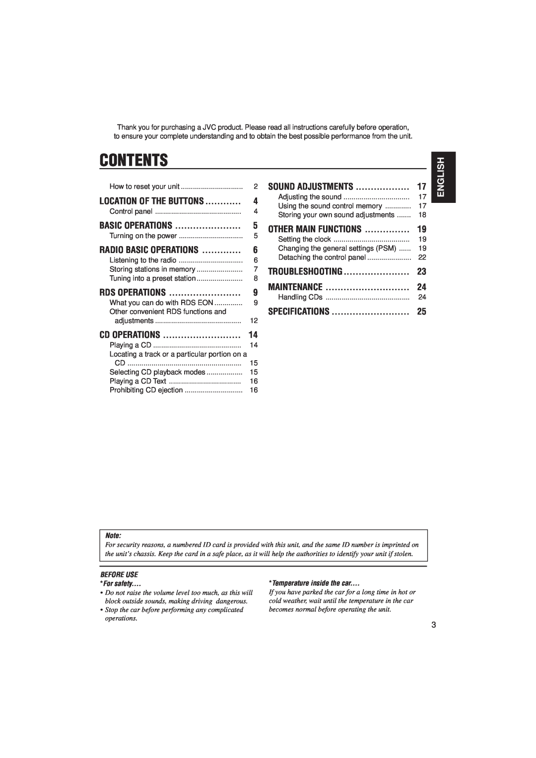 JVC KD-S9R manual Contents, Maintenance, English 
