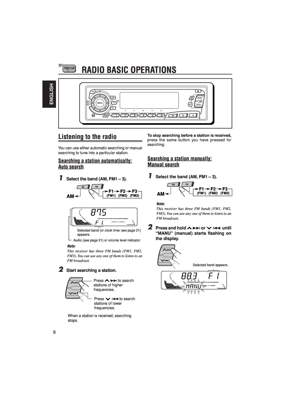 JVC KD-S9R manual Radio Basic Operations, Listening to the radio, Searching a station automatically: Auto search, English 