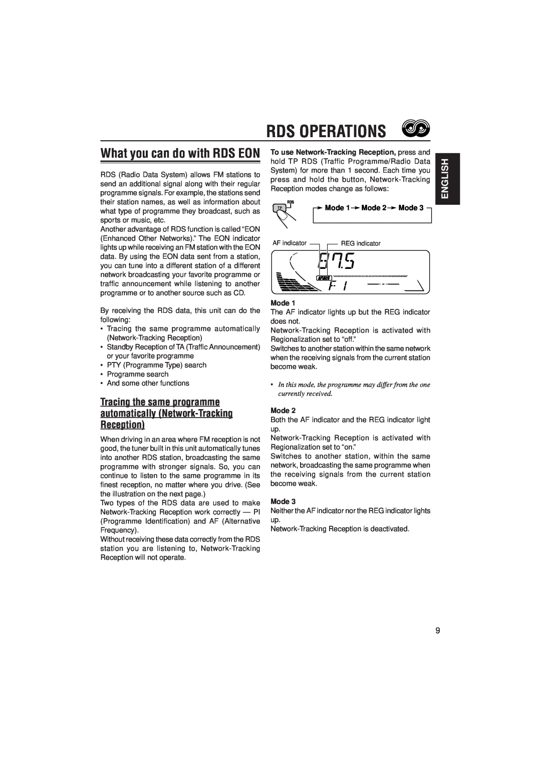 JVC KD-S9R manual Rds Operations, What you can do with RDS EON, English, Mode 1 Mode 2 Mode 