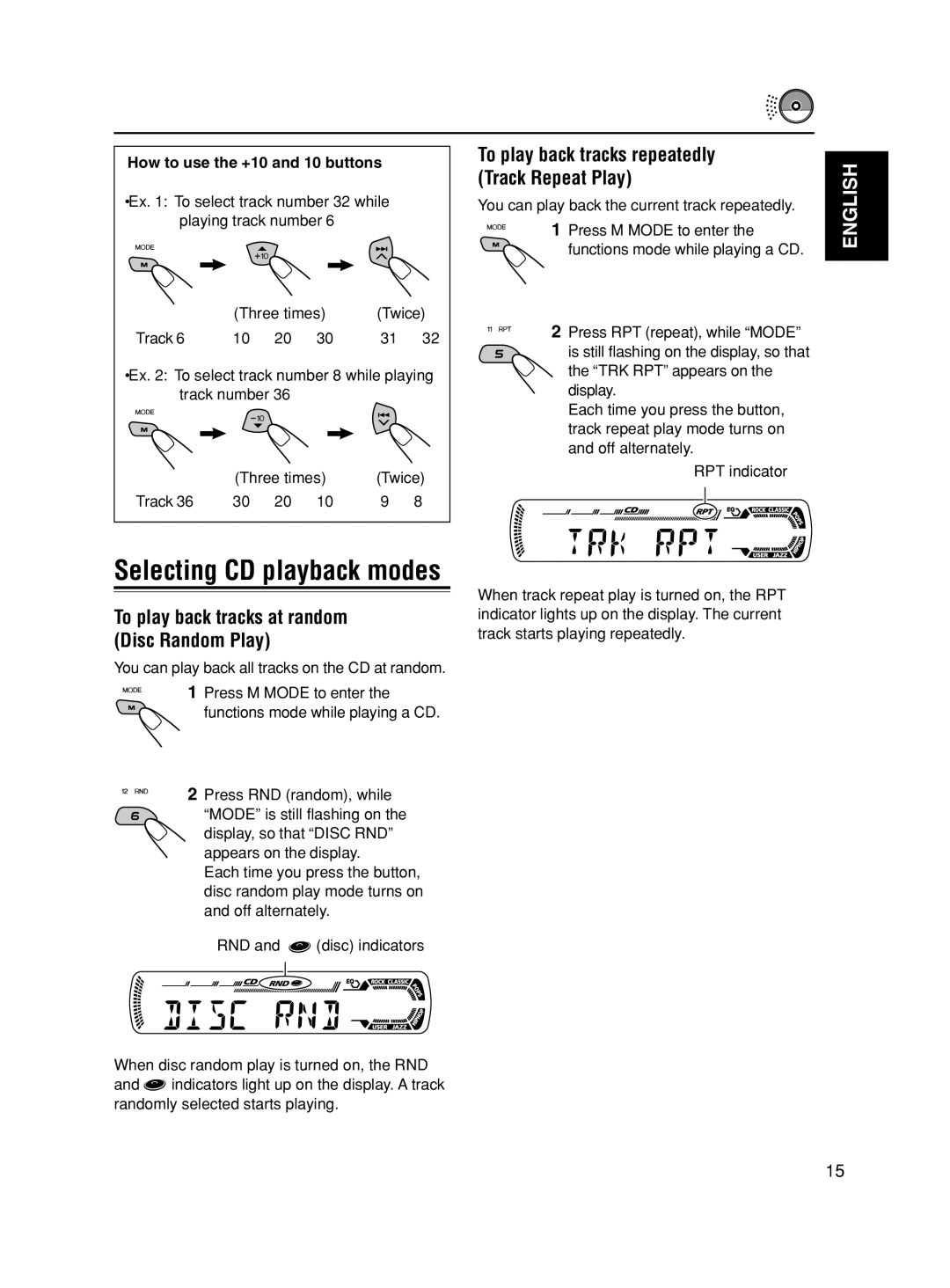 JVC KD-AR600, KD-SC500 manual To play back tracks at random Disc Random Play, How to use the +10 and -10 buttons 