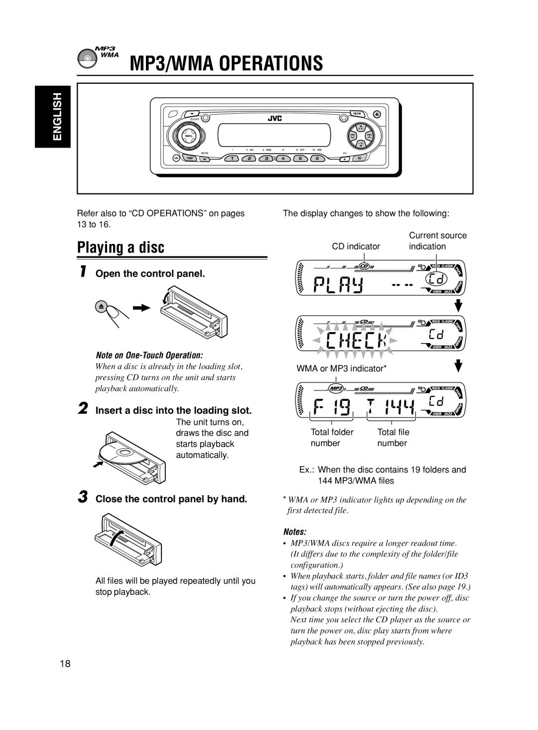 JVC KD-SC500, KD-AR600 manual MP3/WMA Operations, Playing a disc, Insert a disc into the loading slot 