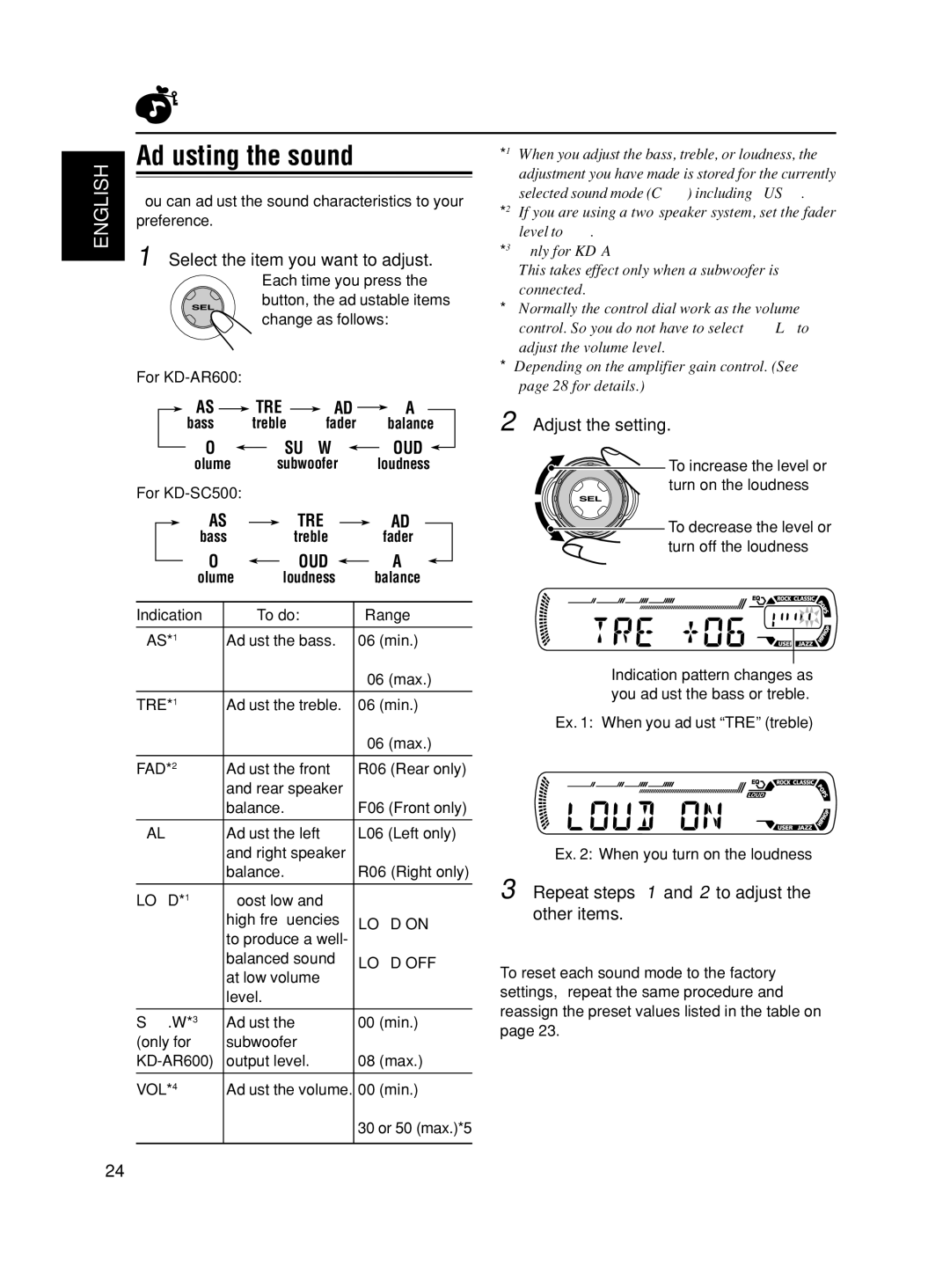 JVC KD-SC500, KD-AR600 manual Adjusting the sound, Bas, Bal, Vol, Loud 