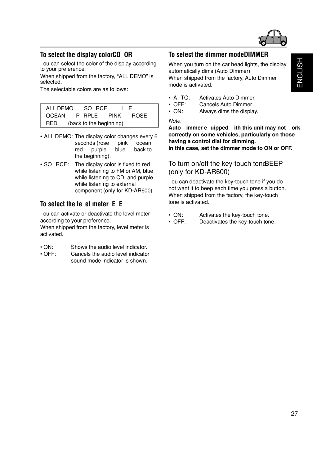 JVC KD-AR600 manual To select the display color-COLOR, To select the level meter-LEVEL, To select the dimmer mode-DIMMER 