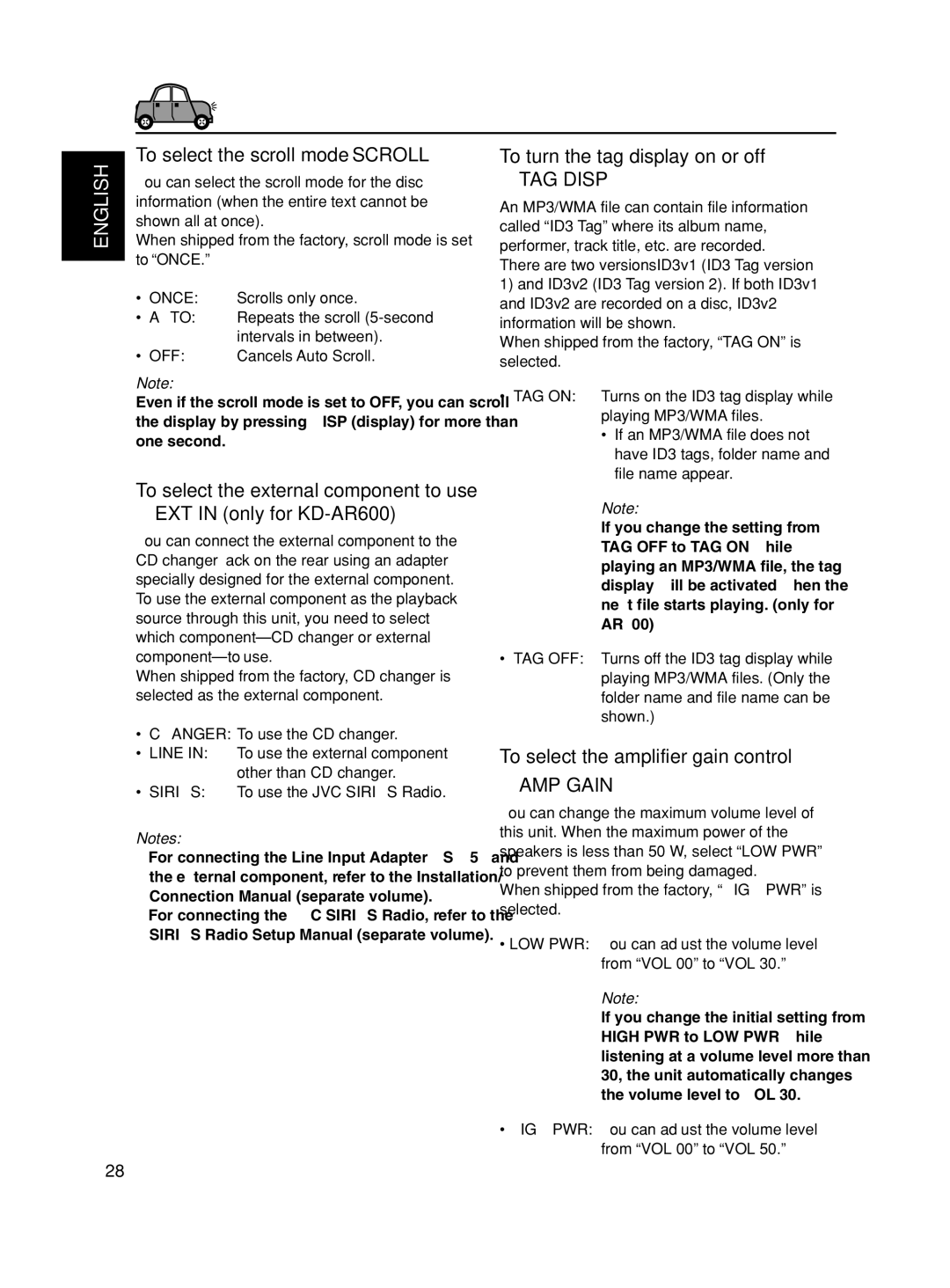 JVC KD-SC500 manual To select the scroll mode-SCROLL, EXT in only for KD-AR600, To turn the tag display on or off 