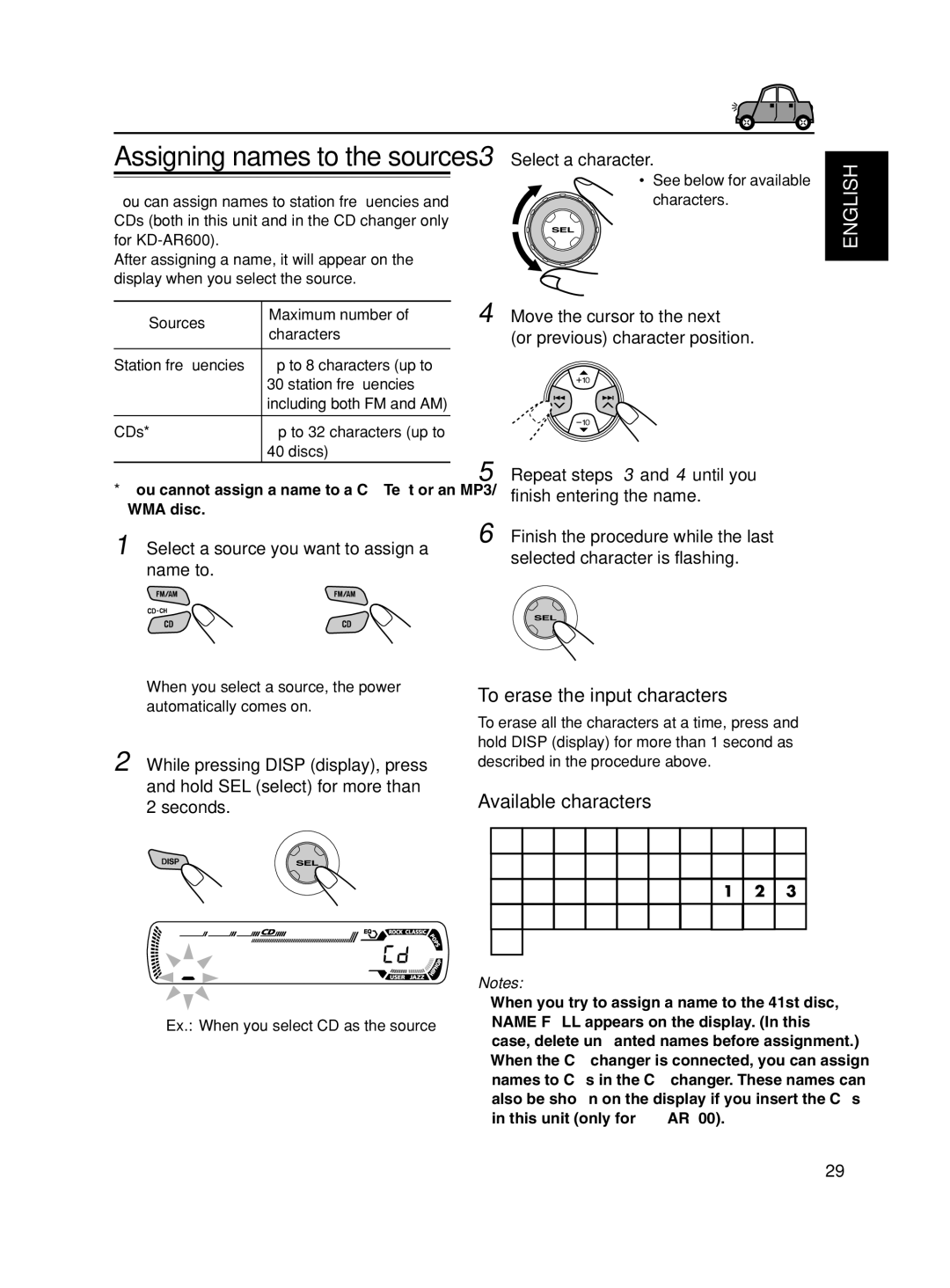 JVC KD-AR600, KD-SC500 manual To erase the input characters, Available characters, Sources Maximum number Characters 