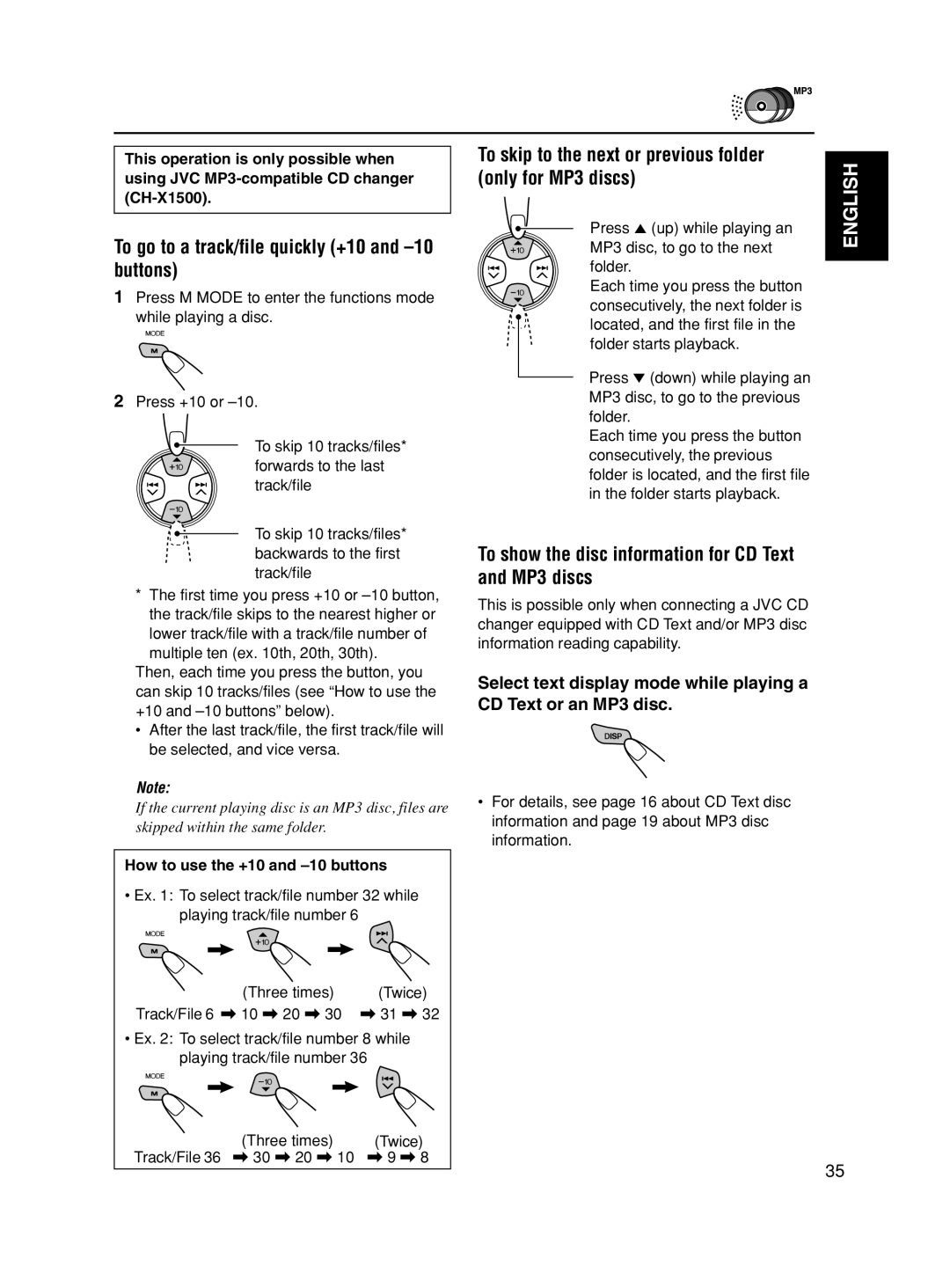 JVC KD-AR600 manual To go to a track/file quickly +10 and -10 buttons, Only for MP3 discs, Track/File 6 \ 10 \ 20 \ \ 31 