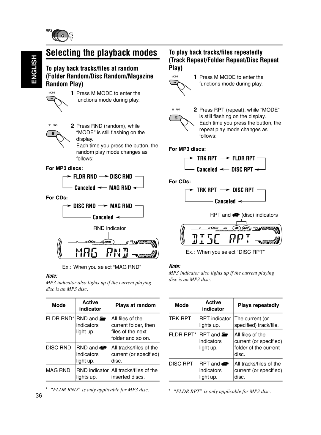 JVC KD-SC500, KD-AR600 manual To play back tracks/files at random, Random Play, Disc RND MAG RND, TRK RPT Disc RPT 