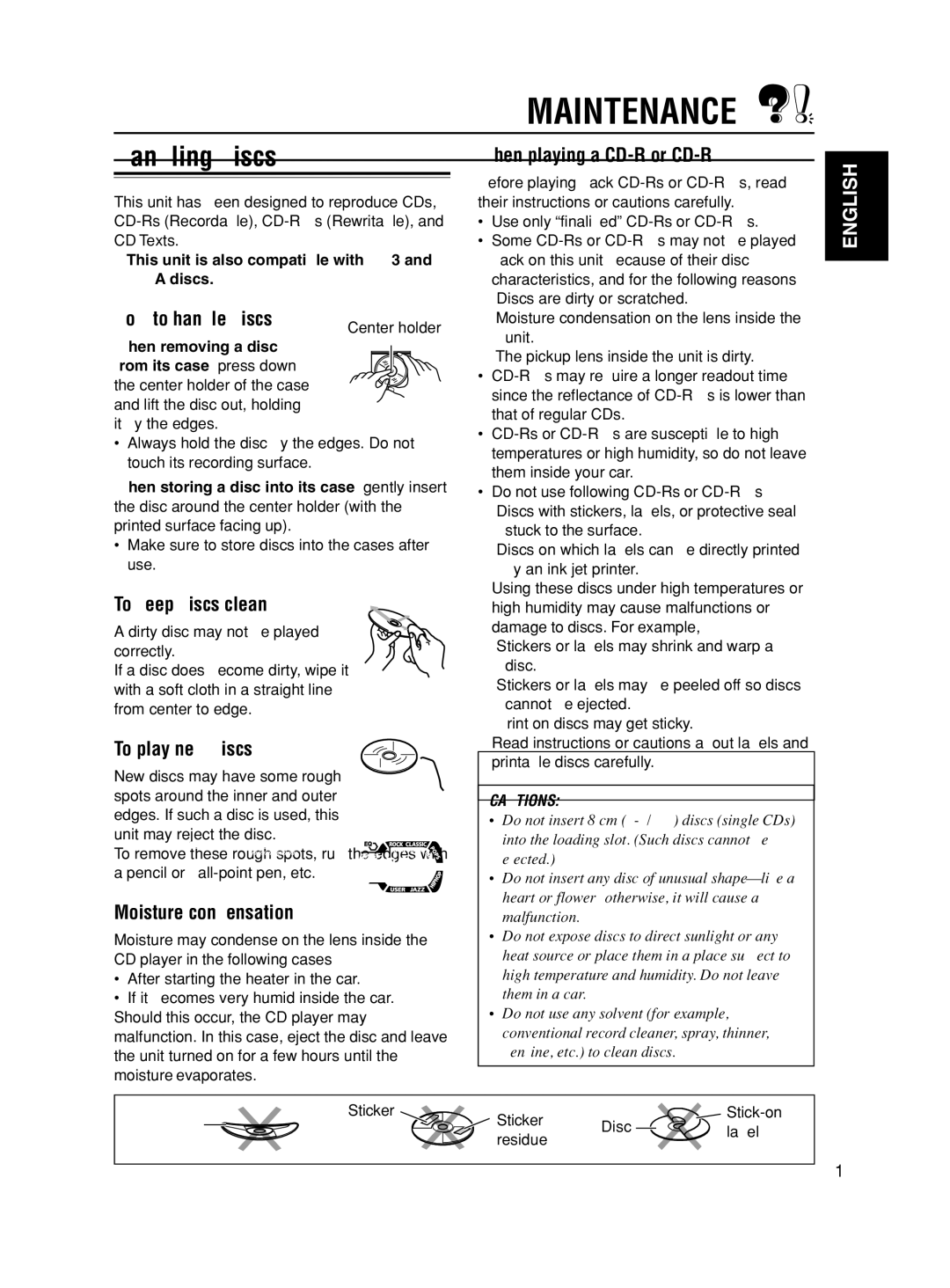 JVC KD-AR600, KD-SC500 manual Maintenance, Handling discs 