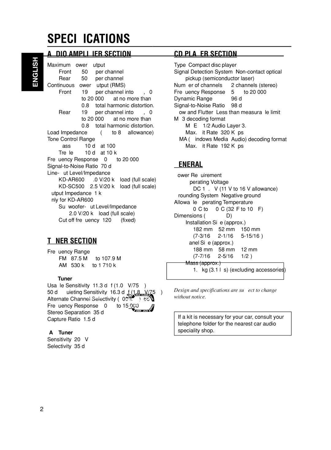 JVC KD-SC500, KD-AR600 manual Specifications, FM Tuner, AM Tuner 