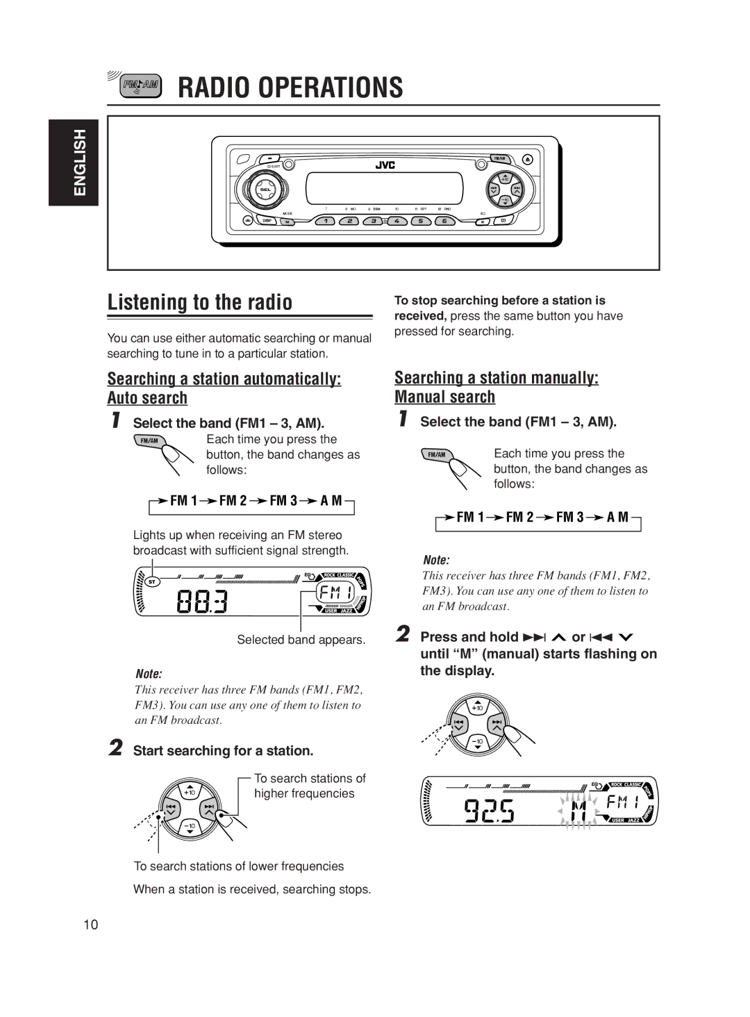 JVC KD-SC500, KD-AR600 manual Radio Operations, Listening to the radio, Searching a station automatically Auto search 