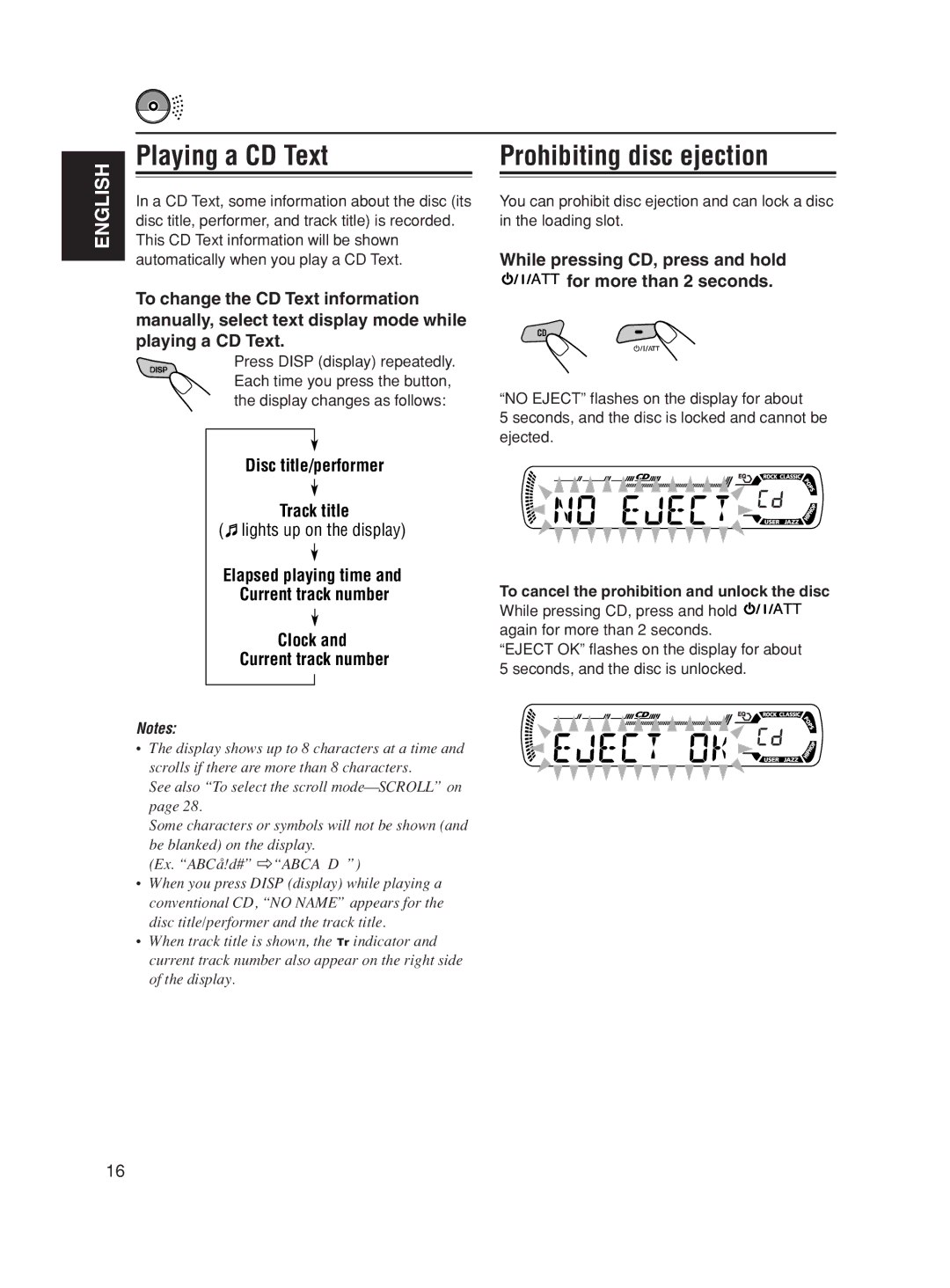 JVC KD-SC500, KD-AR600 manual Playing a CD Text, Prohibiting disc ejection, To change the CD Text information 